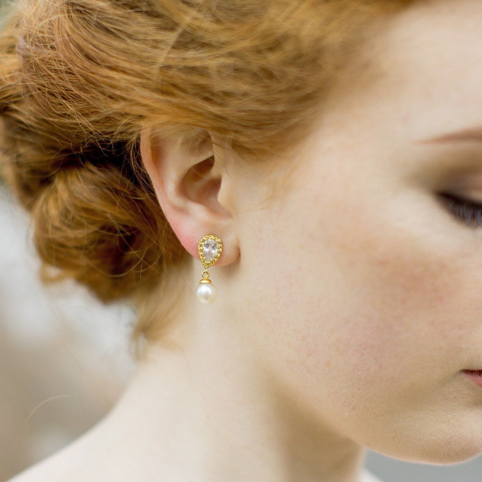 Jules Bridal - Alisha, Teardrop Pearl Gold Earrings