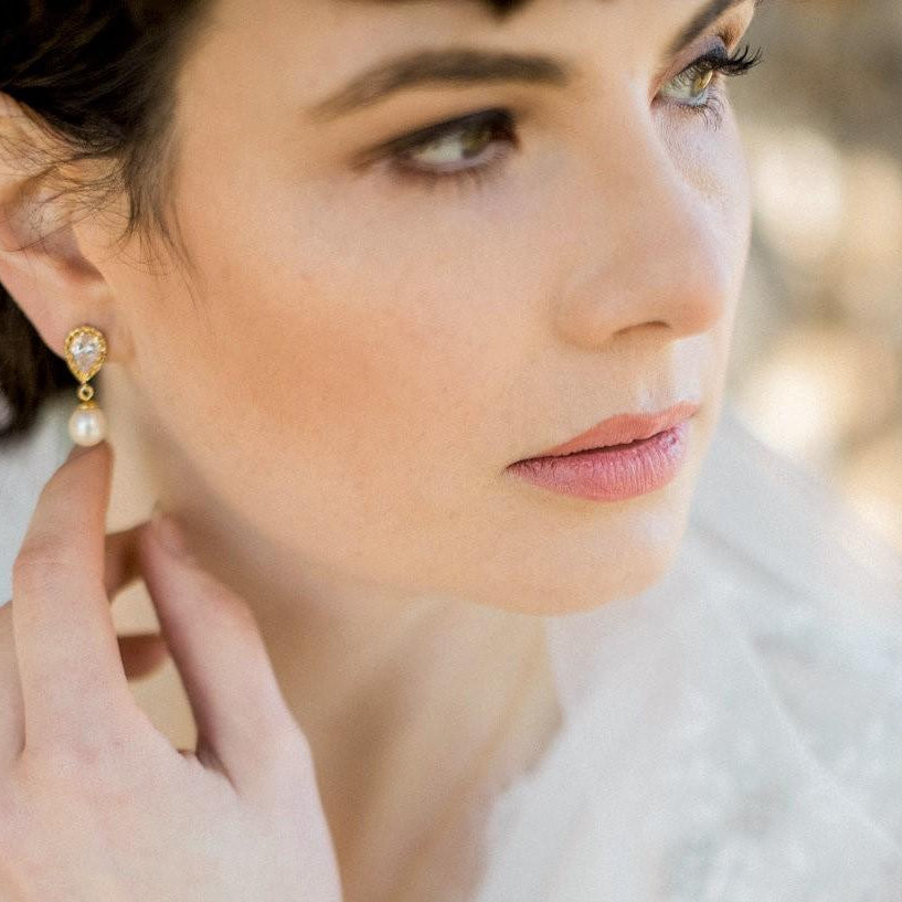 Jules Bridal - Alisha, Teardrop Pearl Gold Earrings
