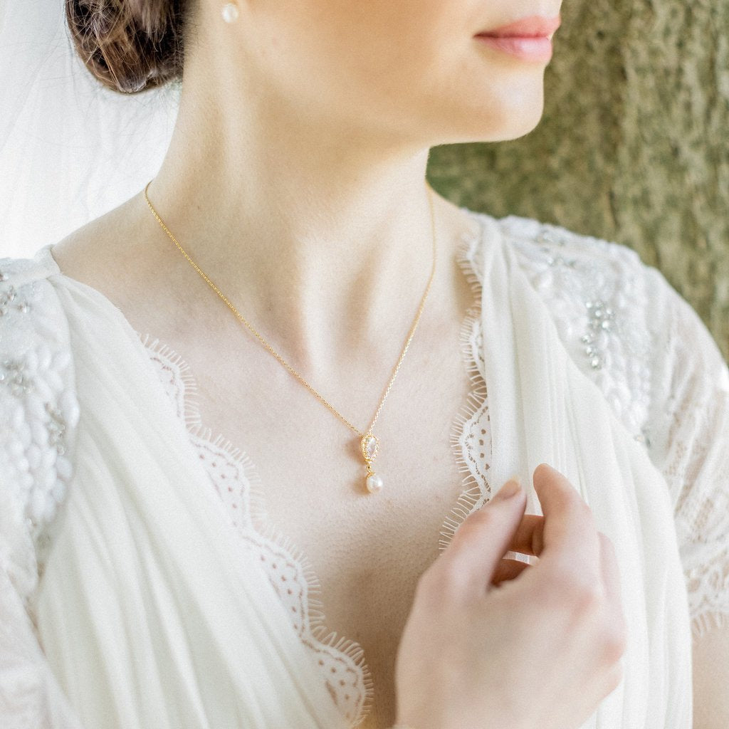Jules Bridal - Alisha, Yellow Gold Teardrop Pearl Pendant