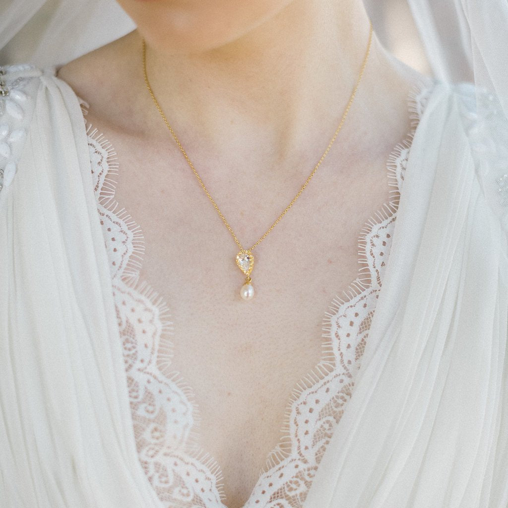 Jules Bridal - Alisha, Yellow Gold Teardrop Pearl Pendant