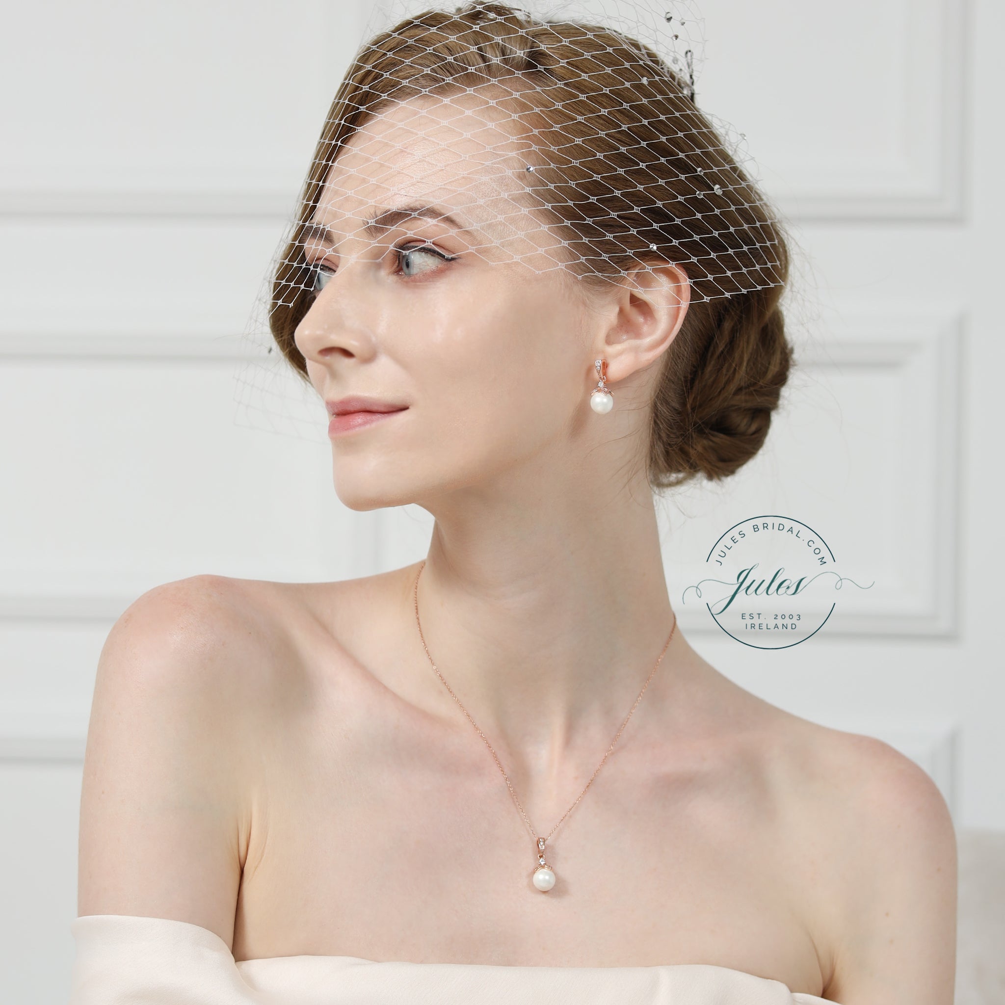 Ariel Wedding Jewellery Set, Rose Gold Crystal Pearl Drop Earrings with Pendant Necklace
