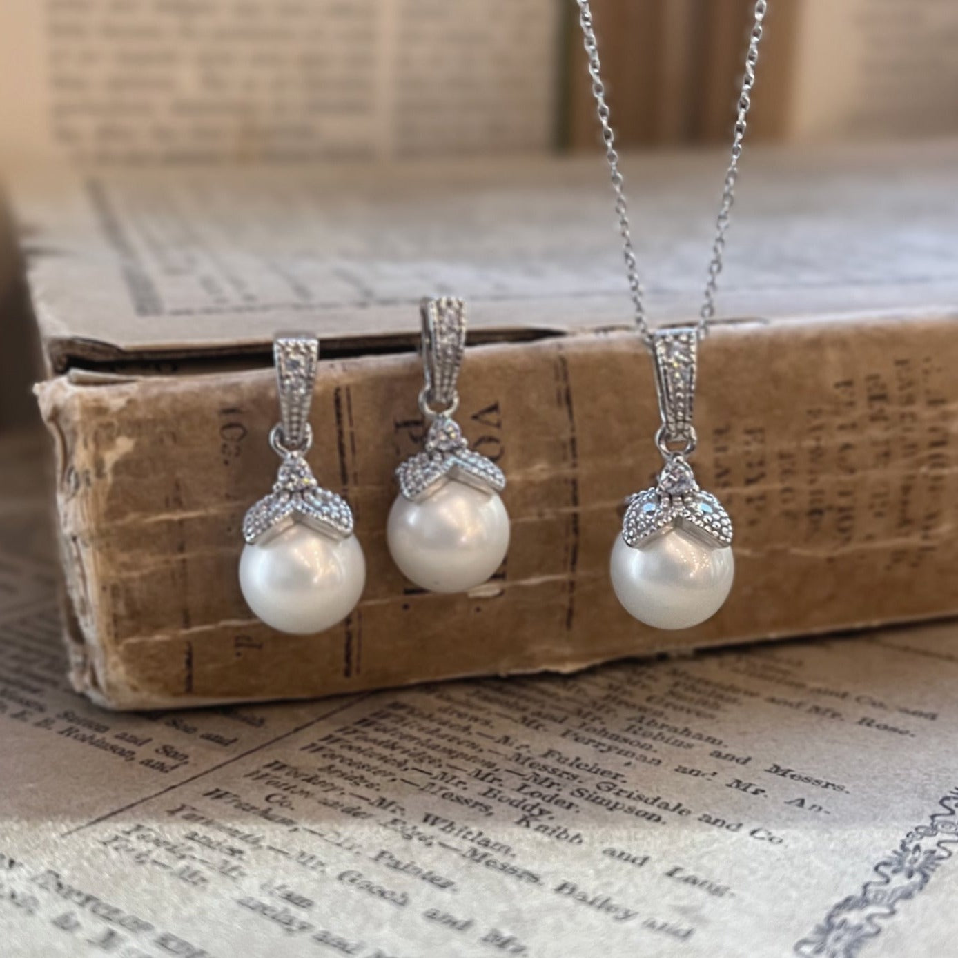 Ariel, Old Hollywood Crystal Drop Pearl Pendant & Earrings Set