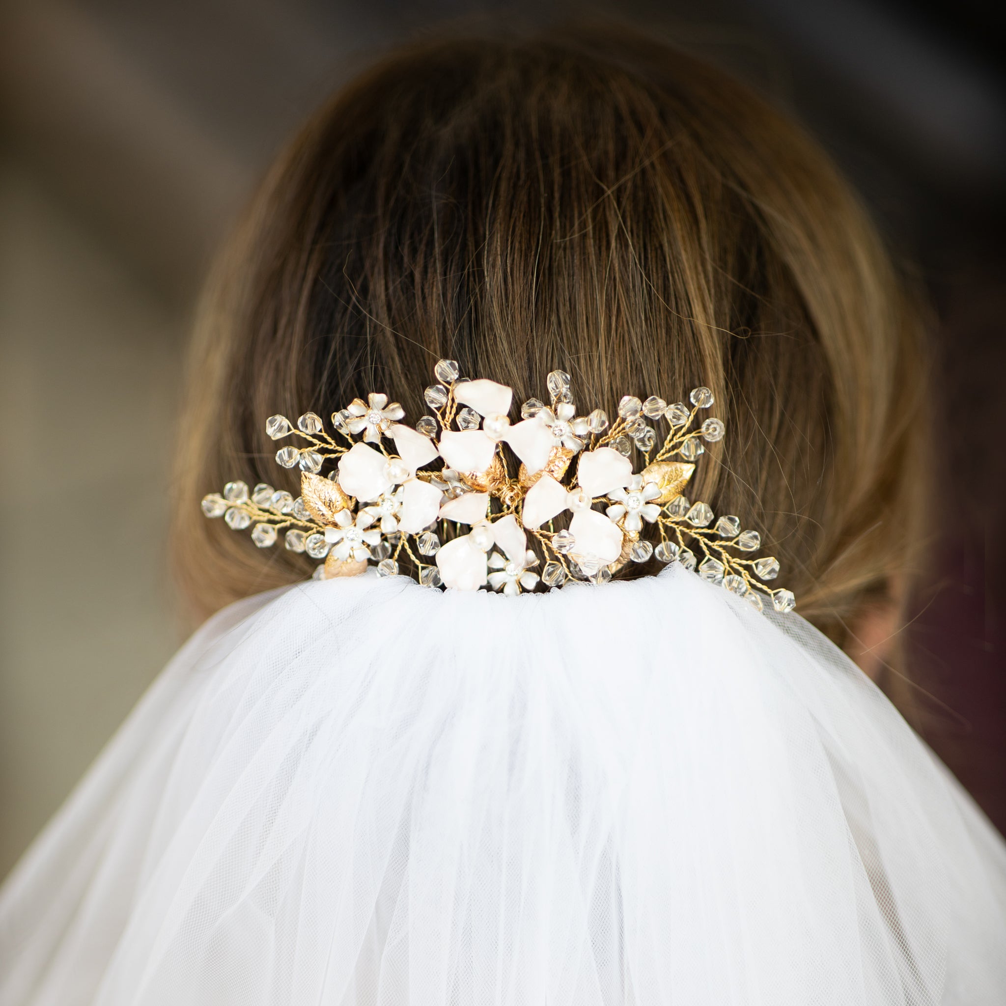 Jules Bridal - Gisla, Enamel Floral Golden Leaf Hair Comb