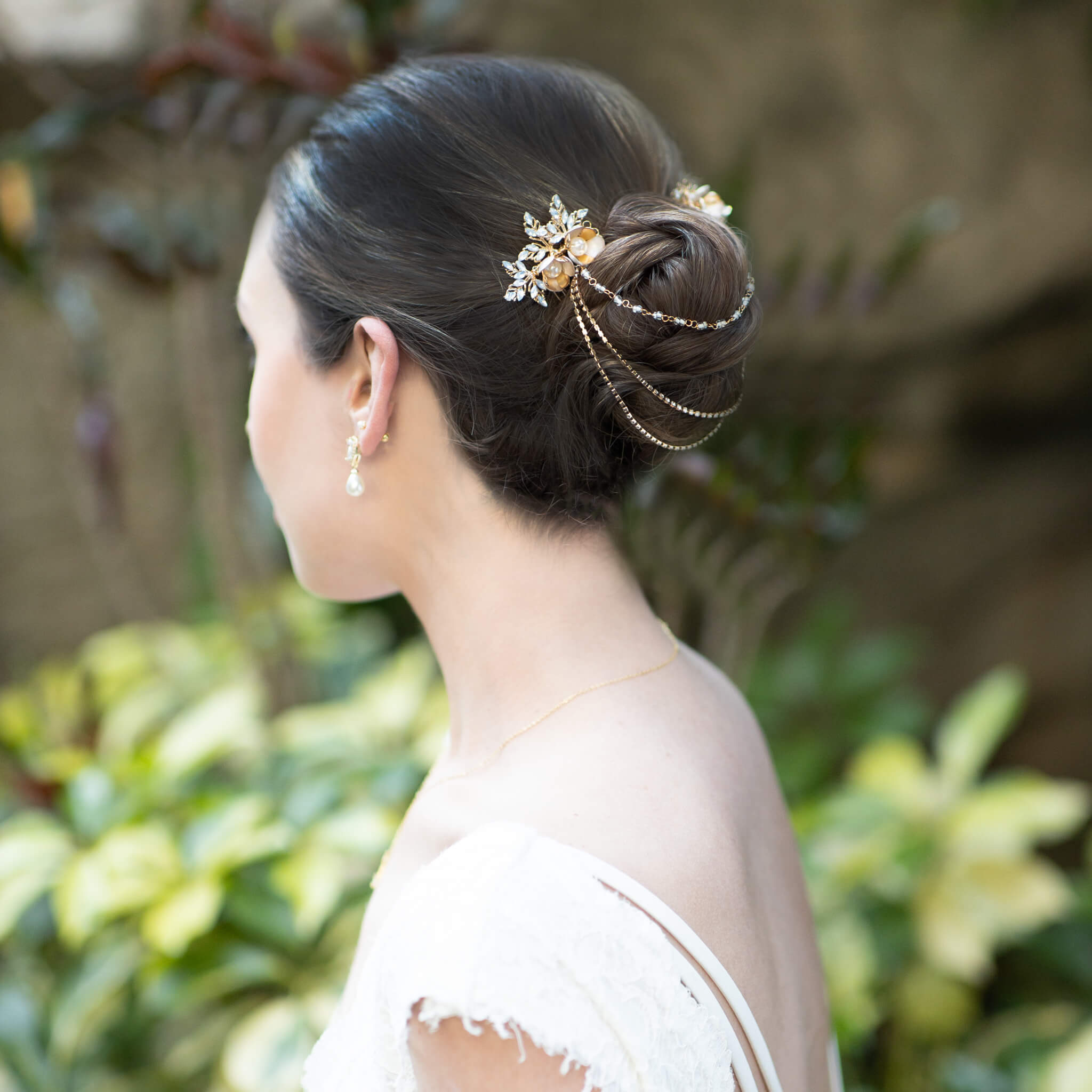 Jules Bridal - Haisley, Goldtone Vintage Design Hair Drape with Pearl, Flower Blossoms and Opal