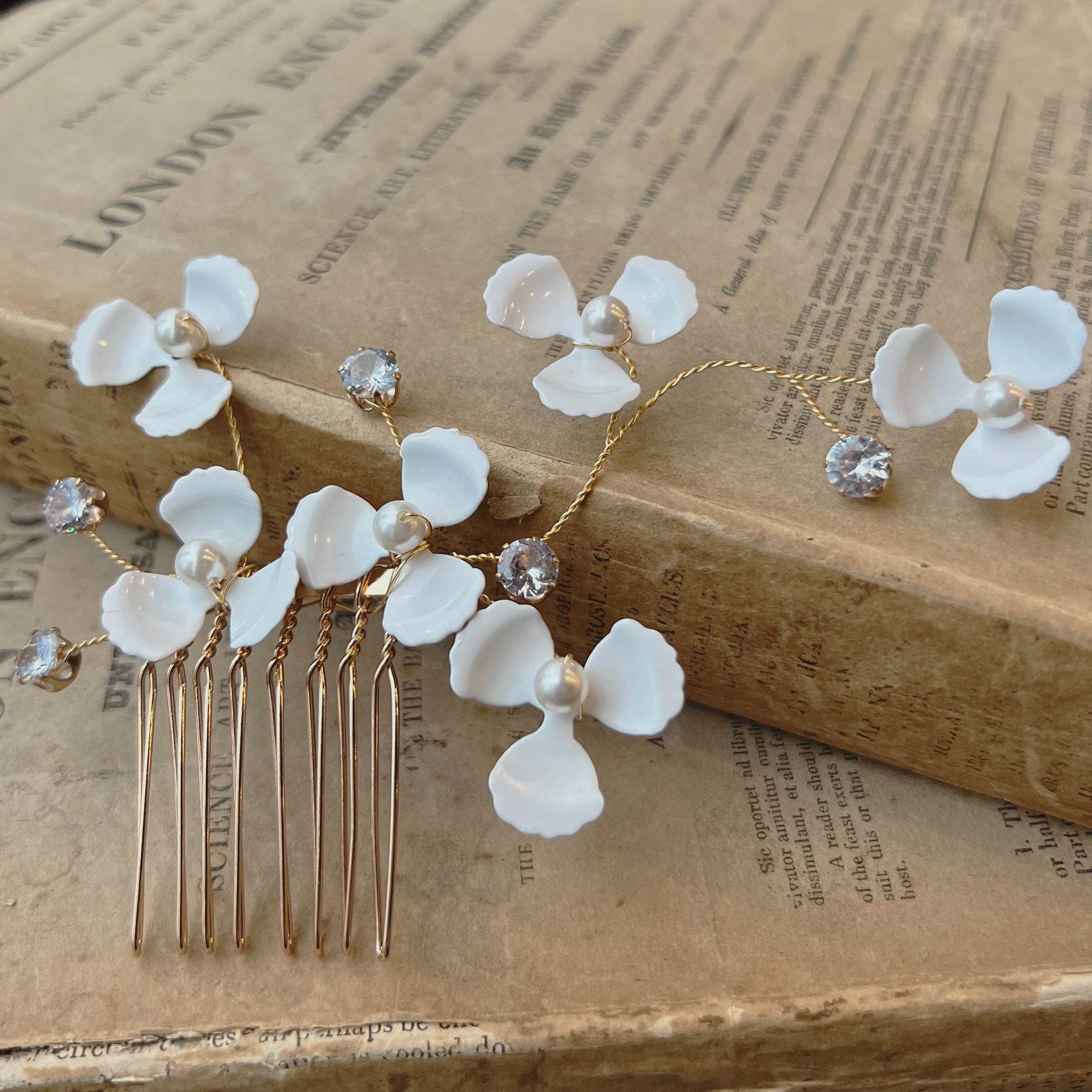 Jules Bridal - Hedda, Floral Hair Comb in Gold with Crystals & Pearls
