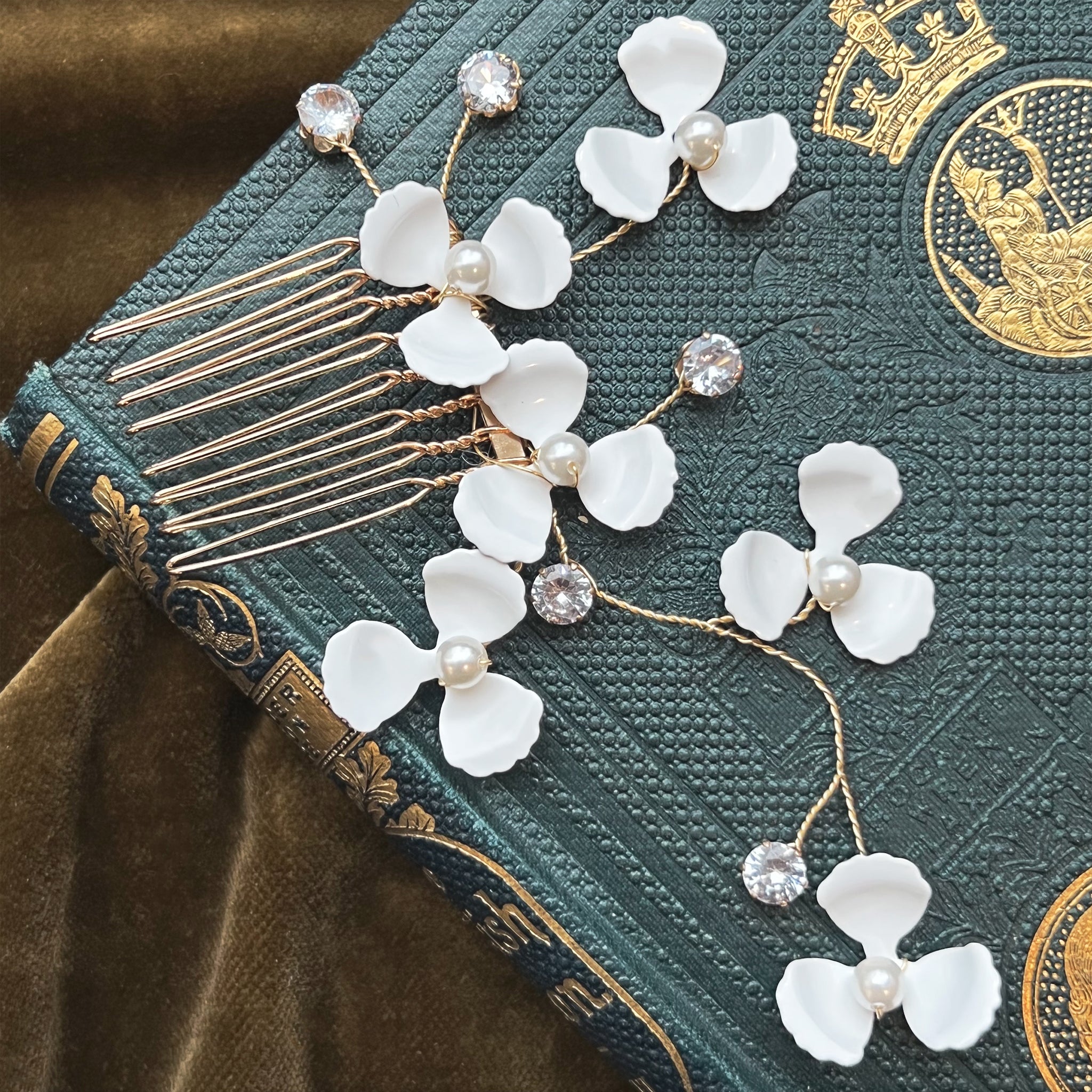 Jules Bridal - Hedda, Floral Hair Comb in Gold with Crystals & Pearls
