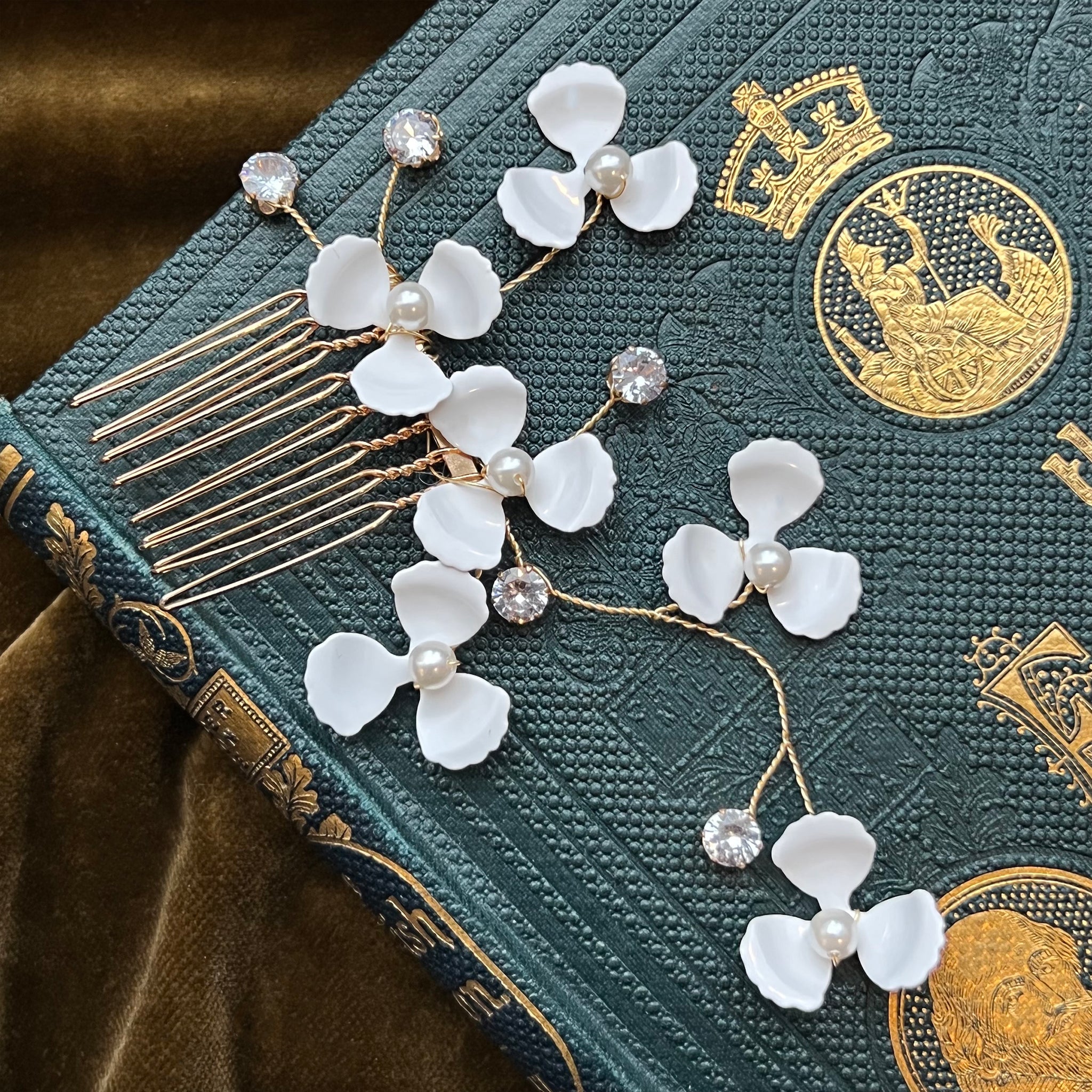 Jules Bridal - Hedda, Floral Hair Comb in Gold with Crystals & Pearls