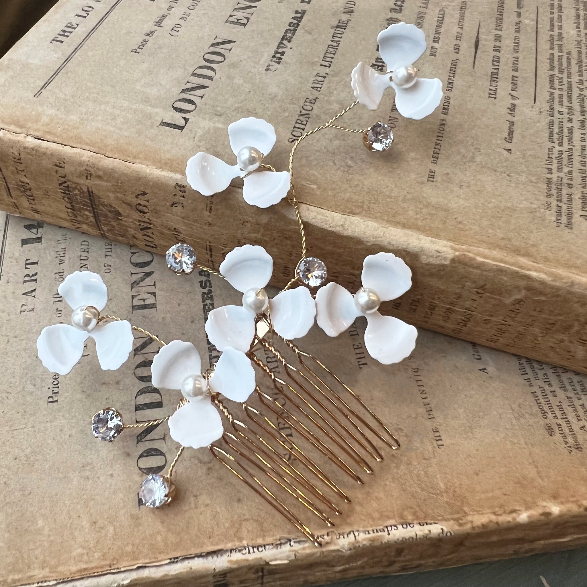 Jules Bridal - Hedda, Floral Hair Comb in Gold with Crystals & Pearls