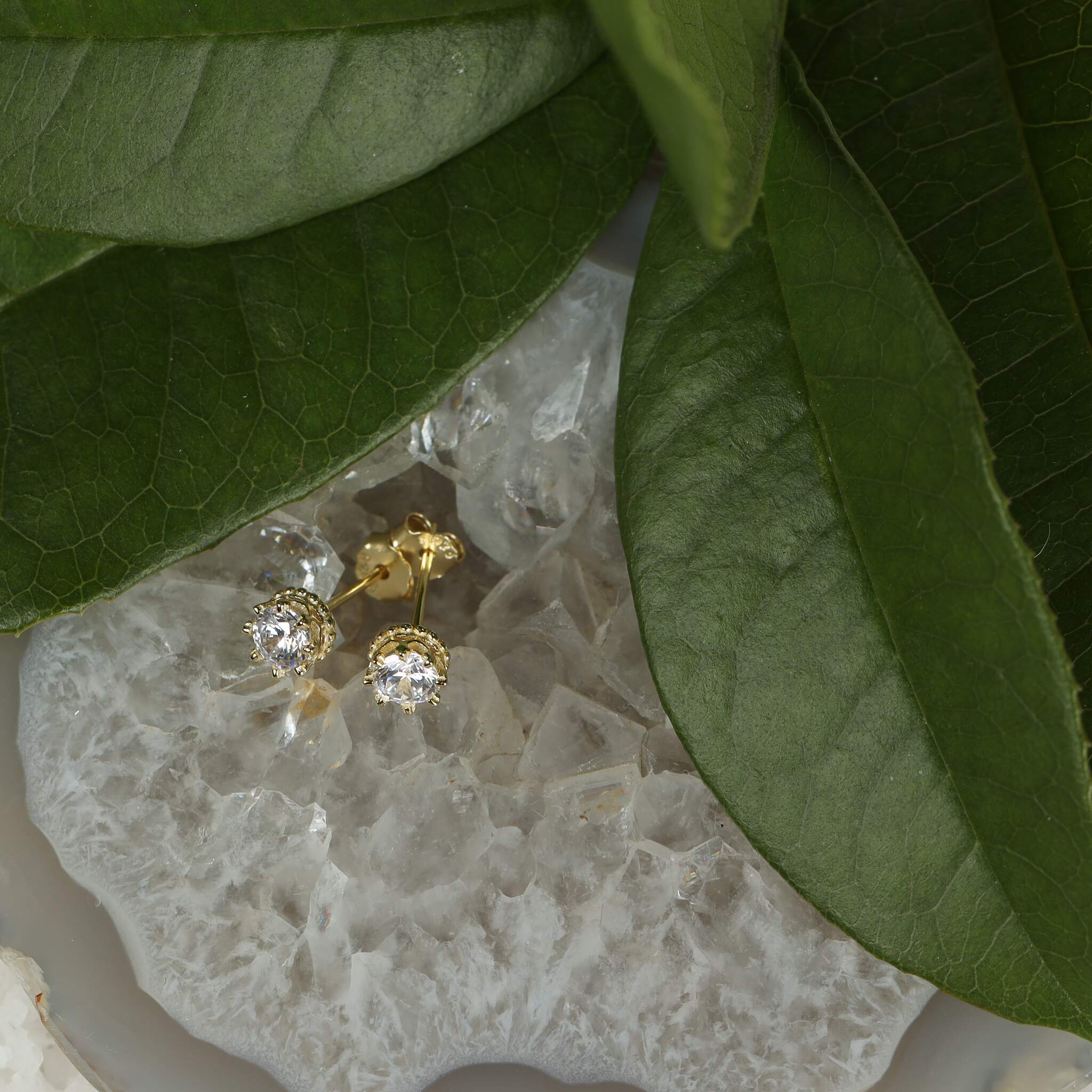 Jules Bridal - Juno, Gold Plated Crown Detailed Crystal Studs