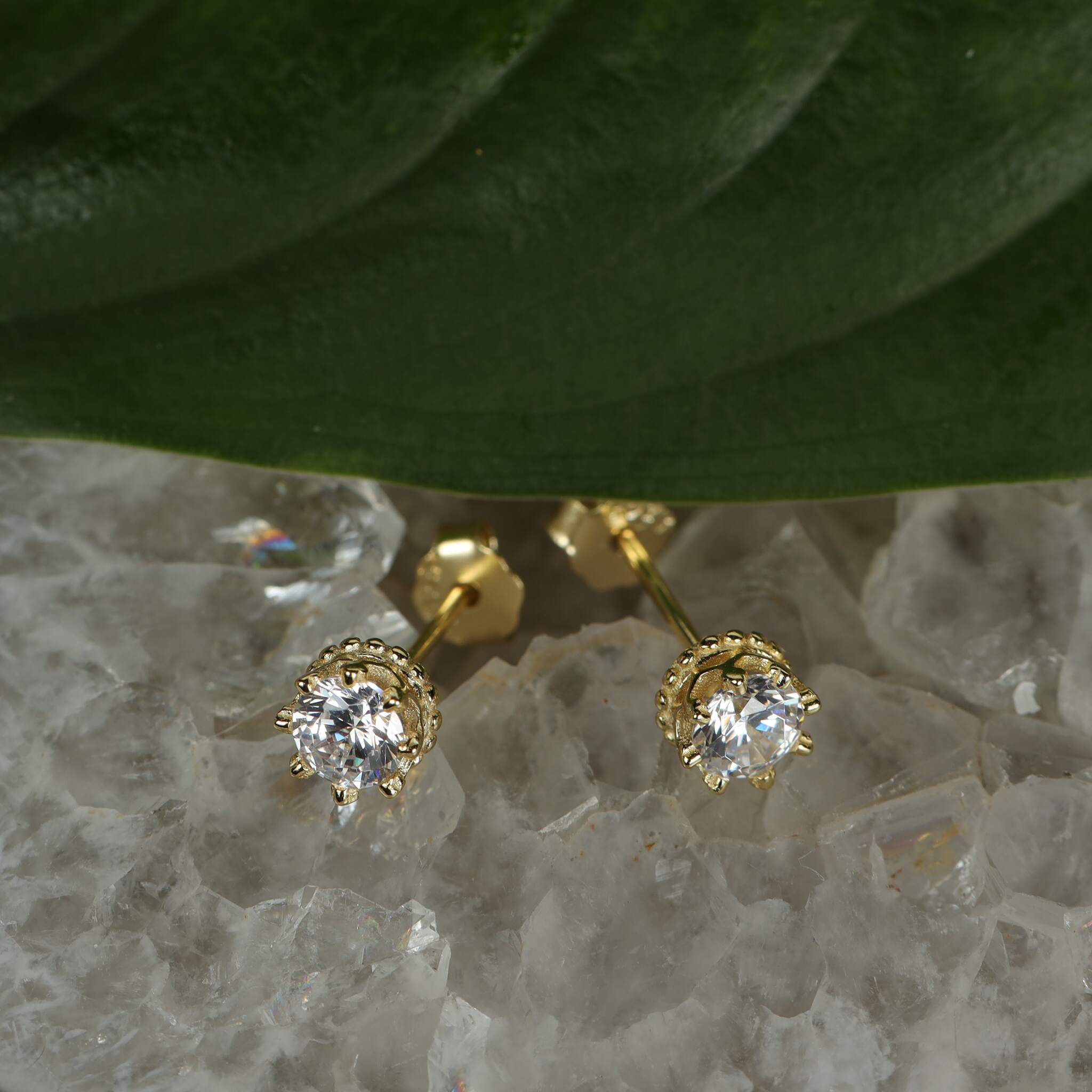 Jules Bridal - Juno, Gold Plated Crown Detailed Crystal Studs