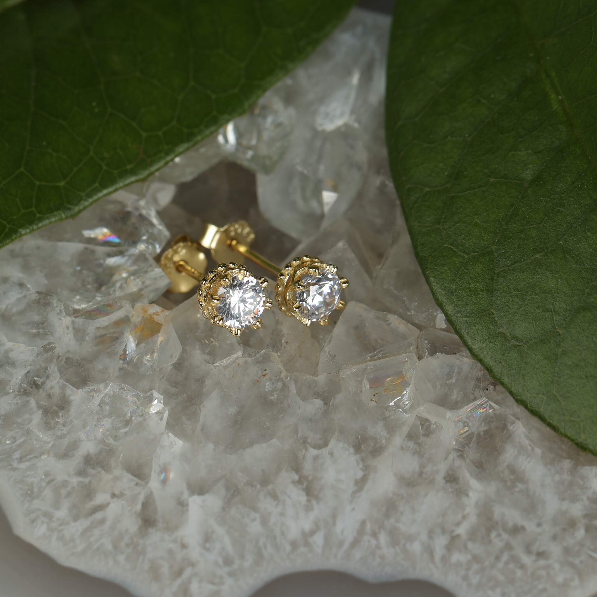 Jules Bridal - Juno, Gold Plated Crown Detailed Crystal Studs