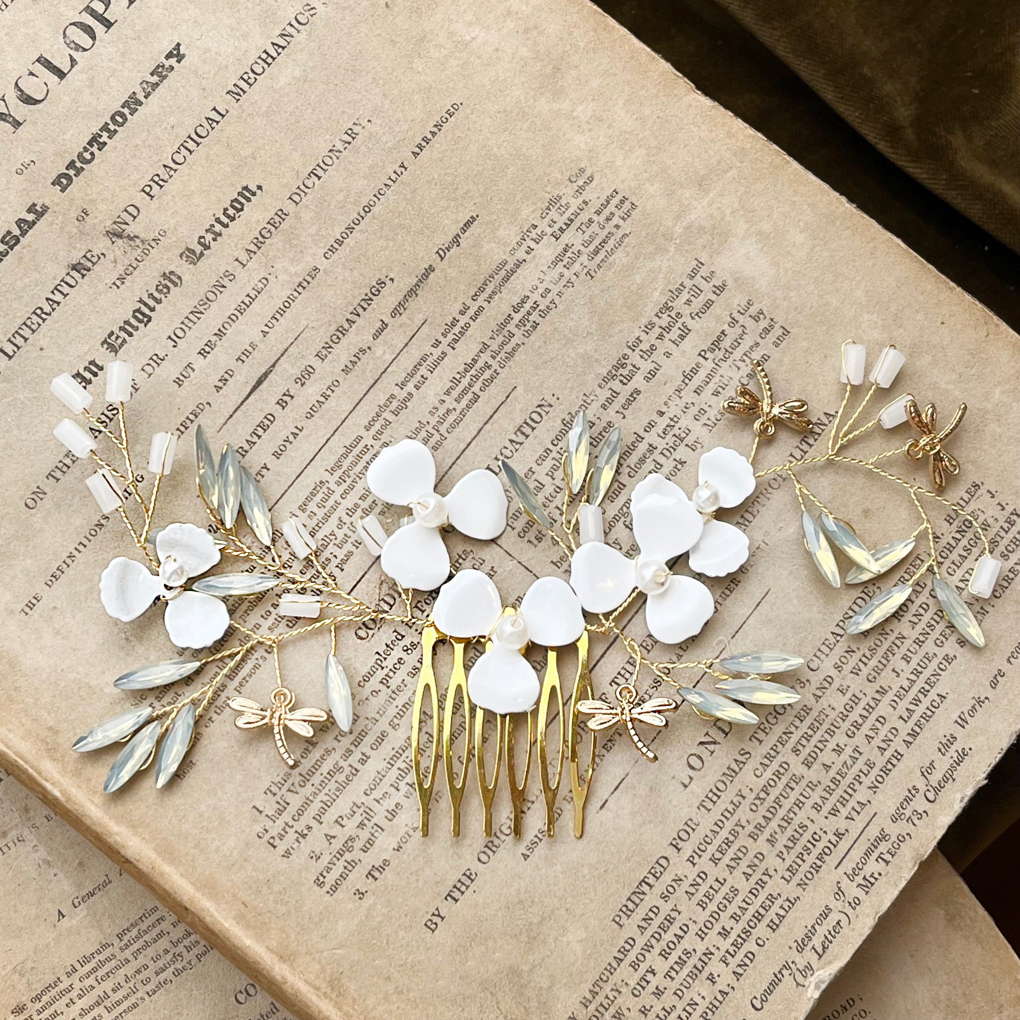 Jules Bridal - Kirstie, Goldtone Floral Hair Comb with Dragonfly Motifs