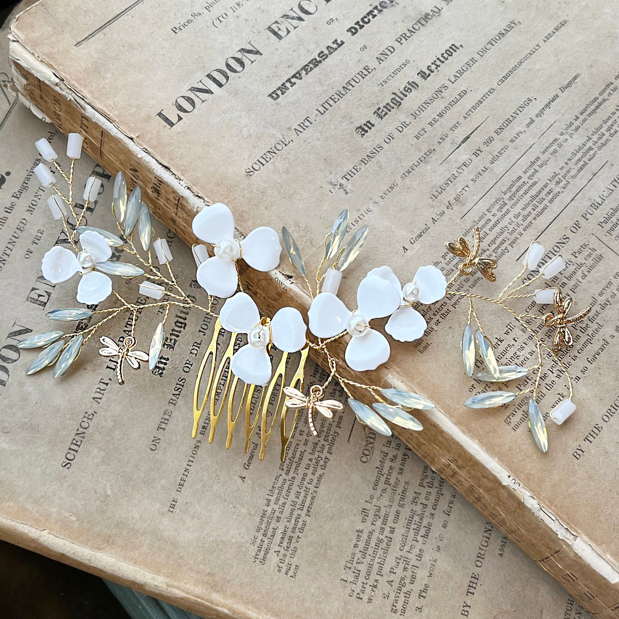 Jules Bridal - Kirstie, Goldtone Floral Hair Comb with Dragonfly Motifs
