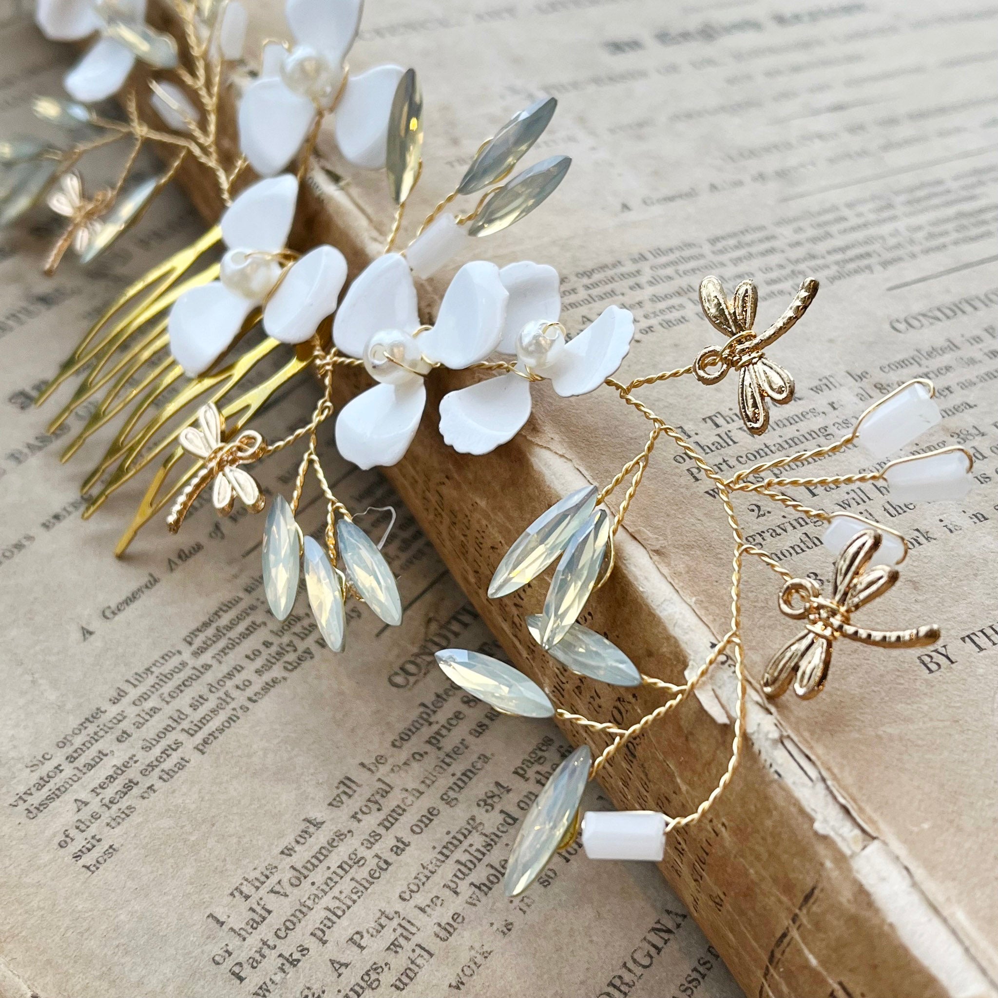 Jules Bridal - Kirstie, Goldtone Floral Hair Comb with Dragonfly Motifs