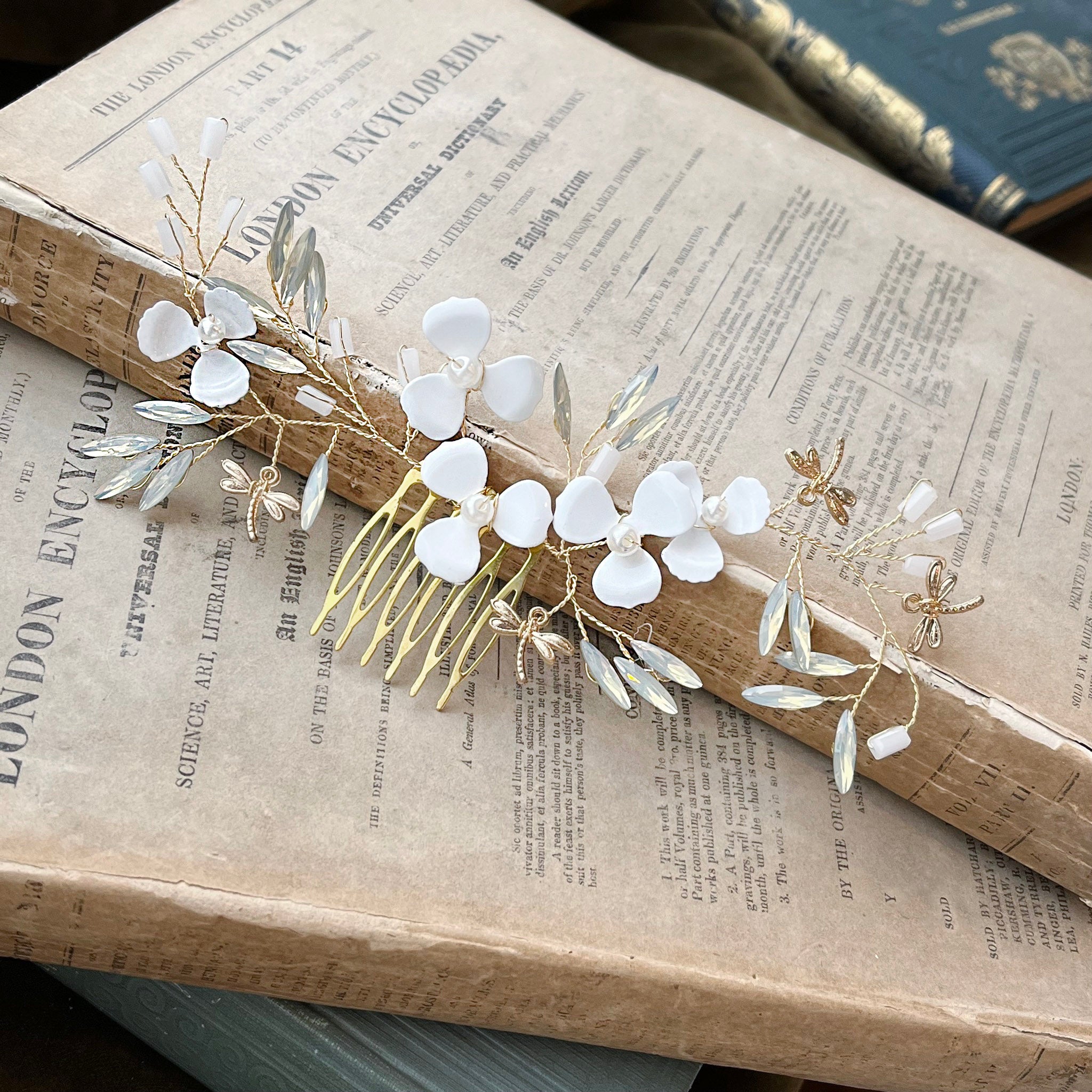 Jules Bridal - Kirstie, Goldtone Floral Hair Comb with Dragonfly Motifs