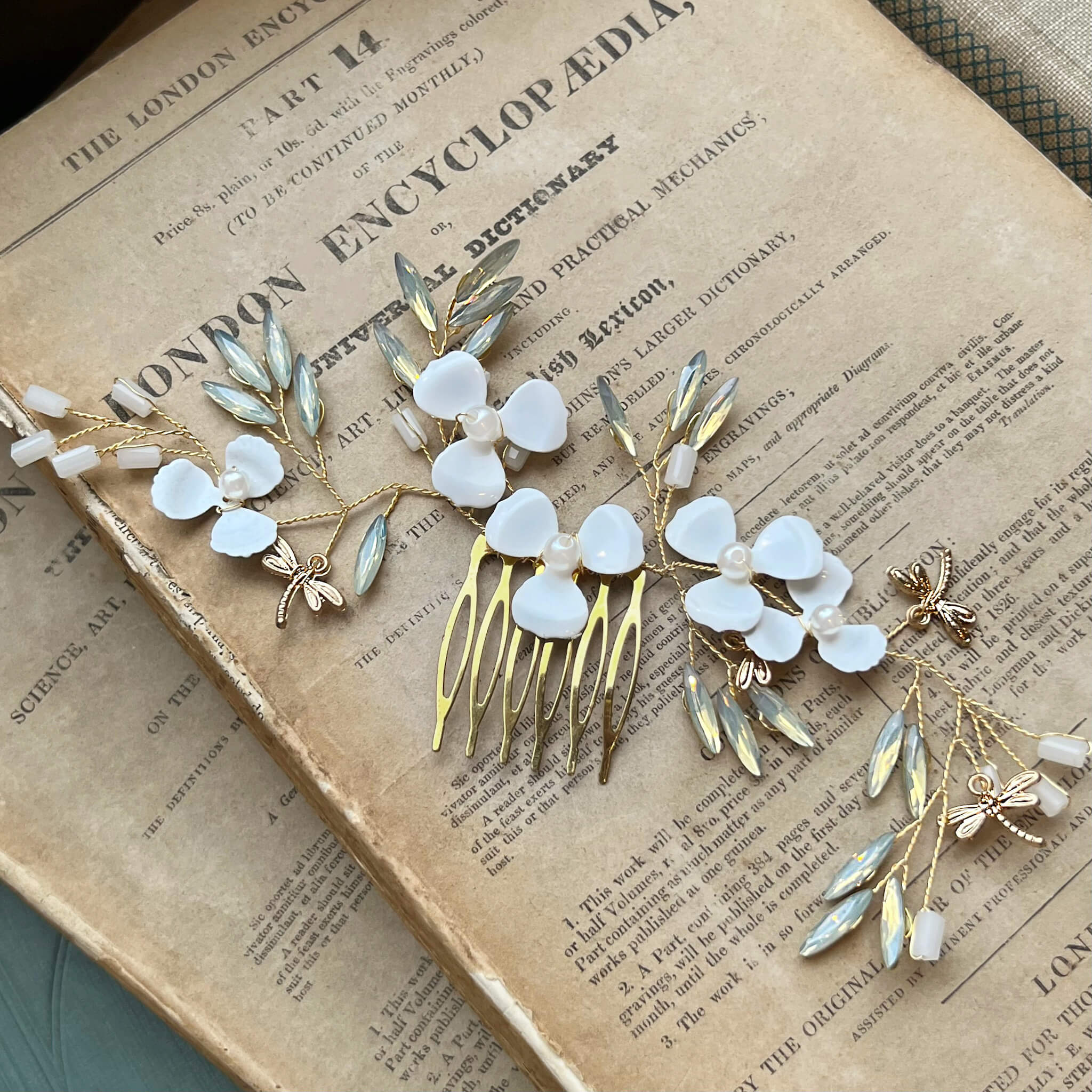 Jules Bridal - Kirstie, Goldtone Floral Hair Comb with Dragonfly Motifs