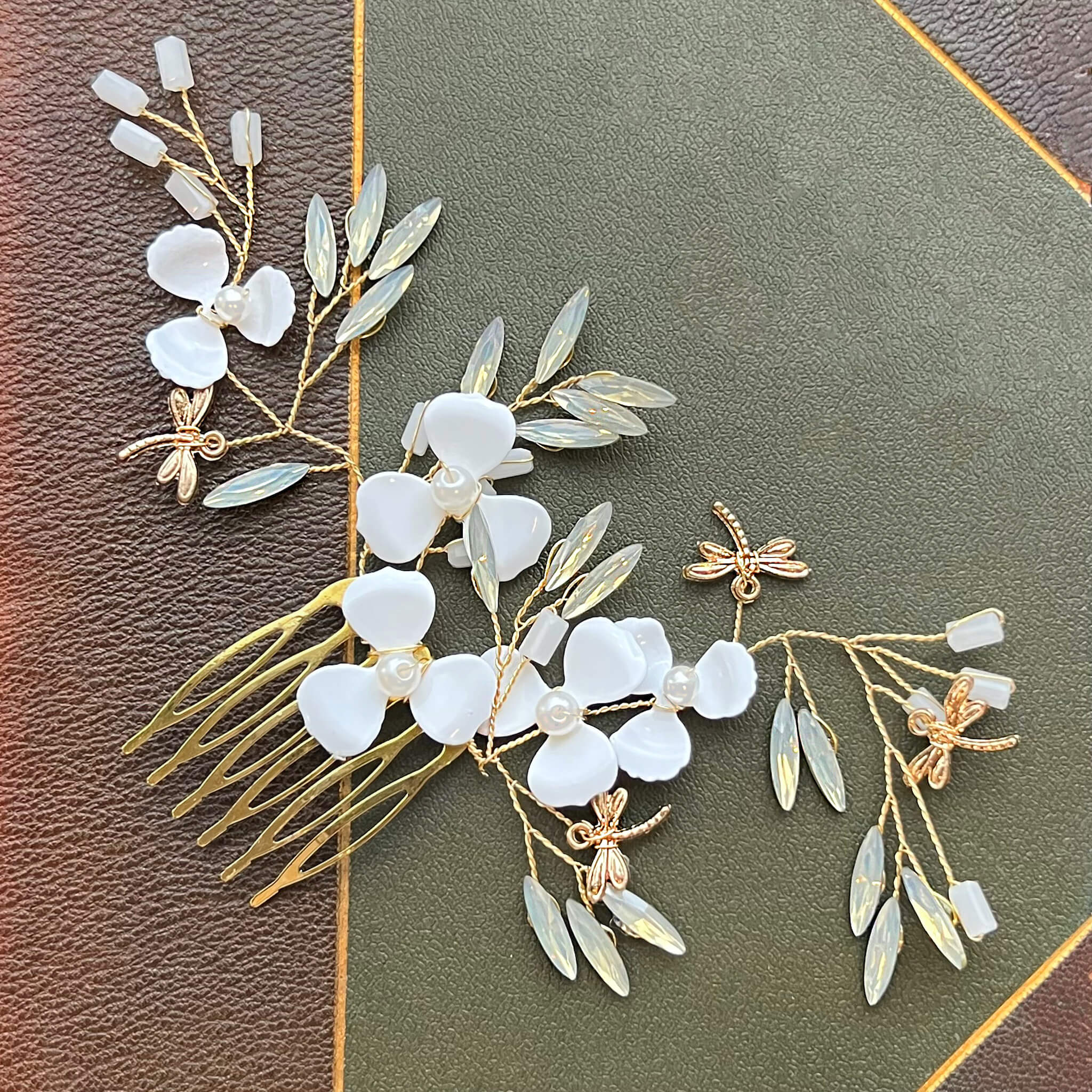 Jules Bridal - Kirstie, Goldtone Floral Hair Comb with Dragonfly Motifs