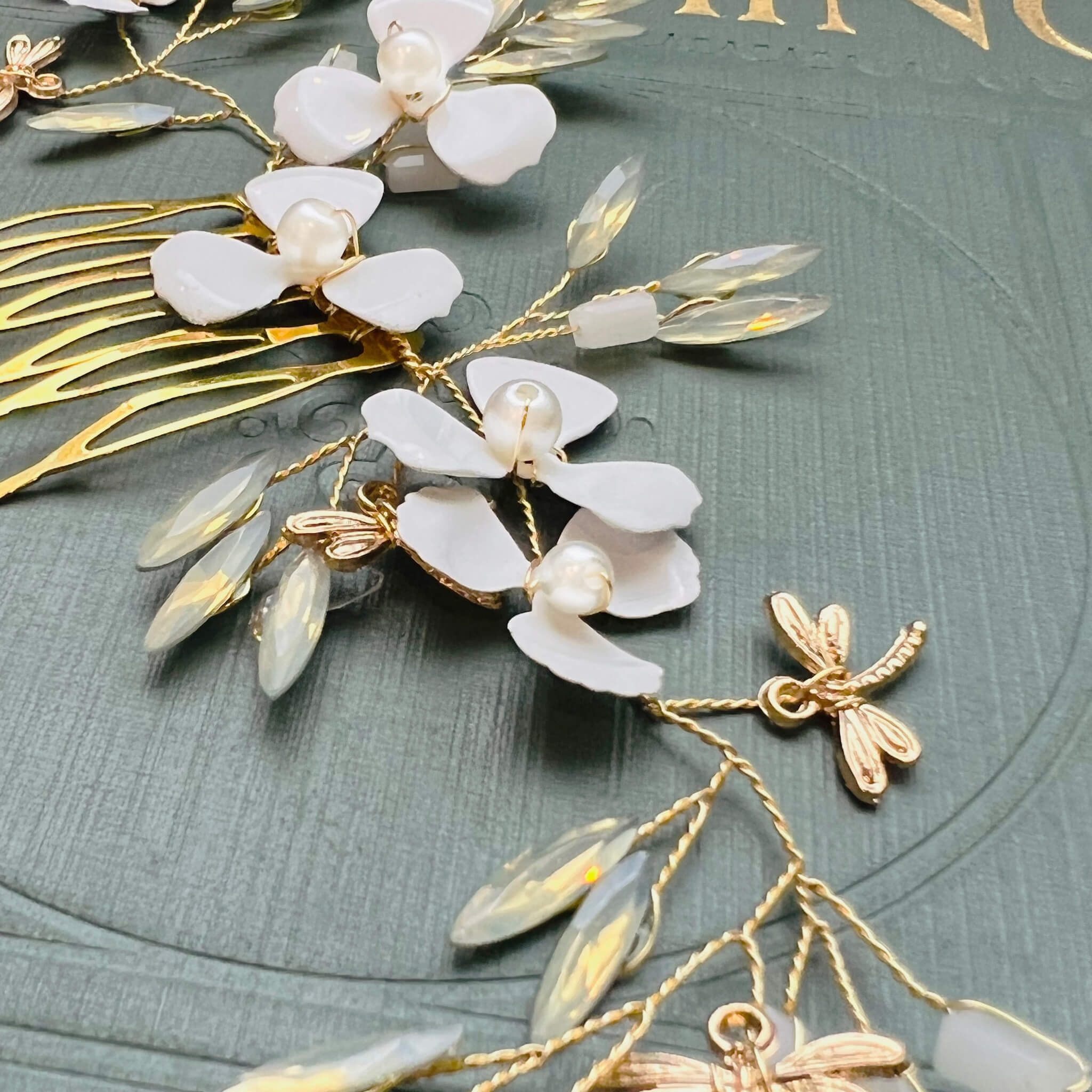 Jules Bridal - Kirstie, Goldtone Floral Hair Comb with Dragonfly Motifs
