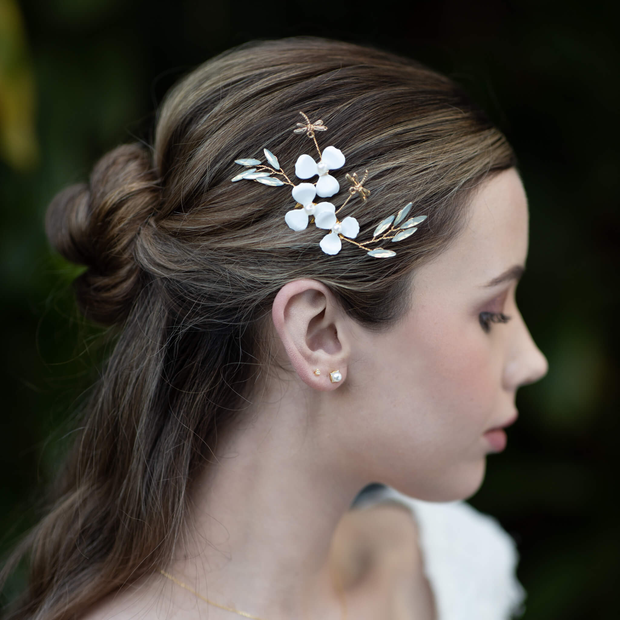Jules Bridal - Kirstin, Goldtone Floral Hair Comb with Dragonfly Motifs
