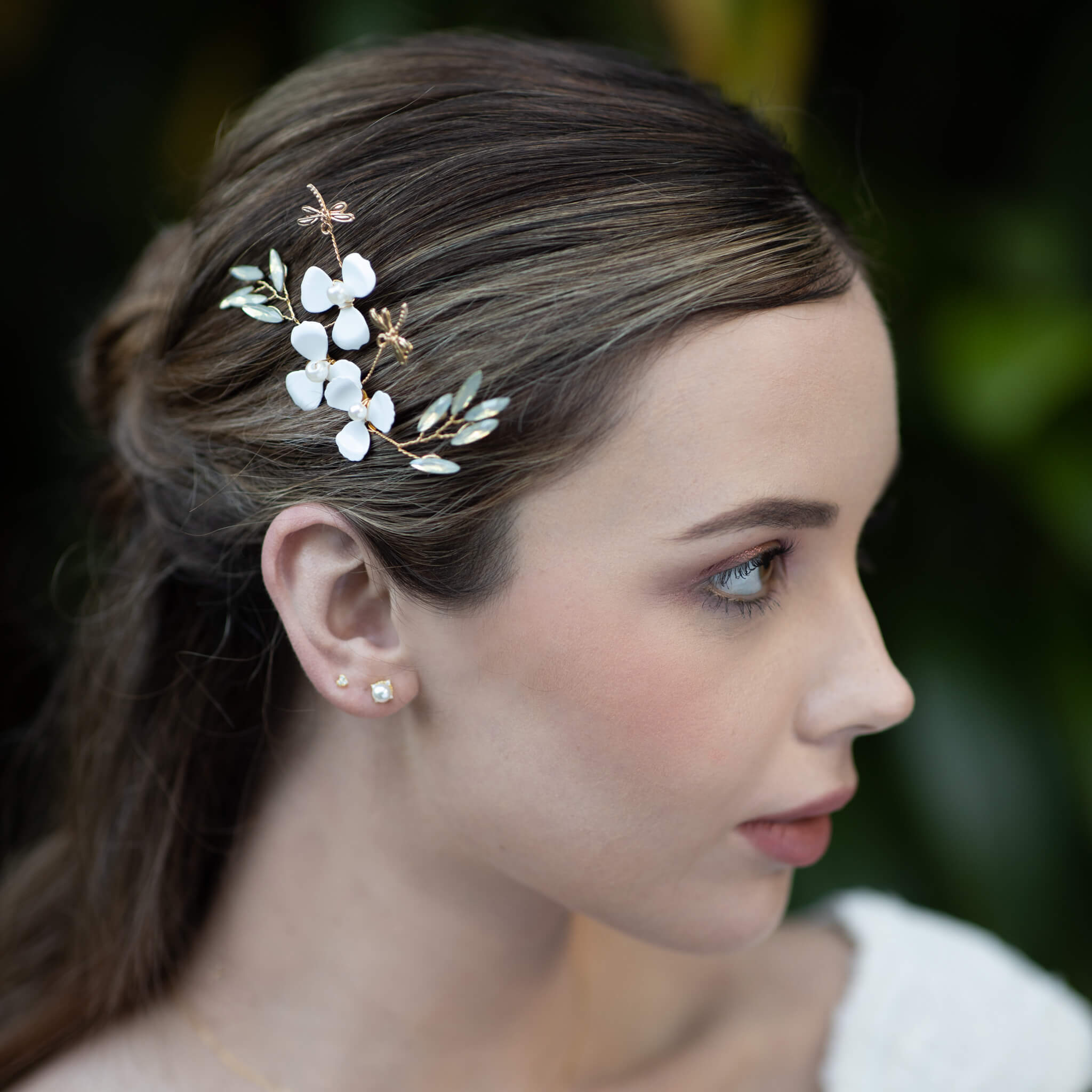 Jules Bridal - Kirstin, Goldtone Floral Hair Comb with Dragonfly Motifs