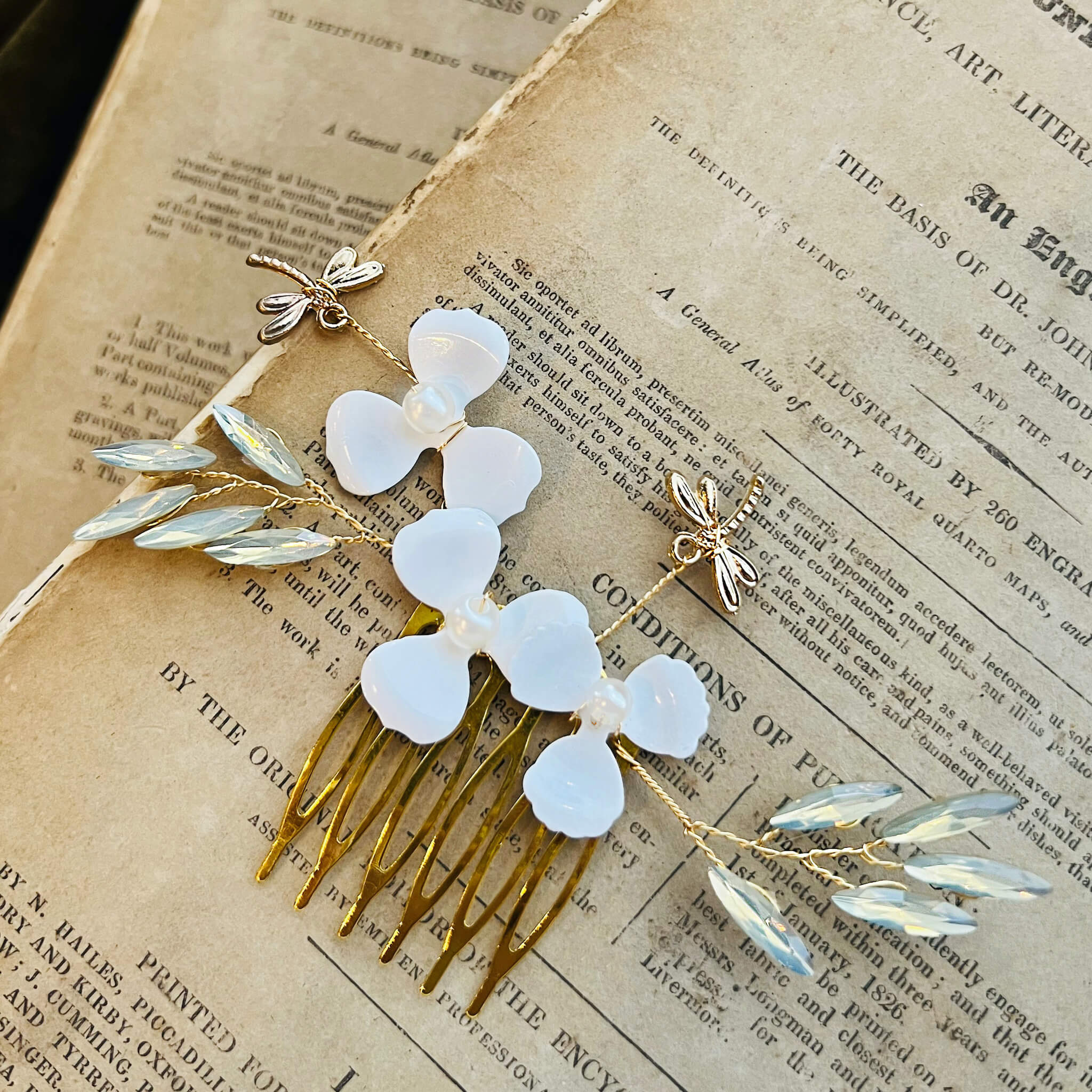 Jules Bridal - Kirstin, Goldtone Floral Hair Comb with Dragonfly Motifs