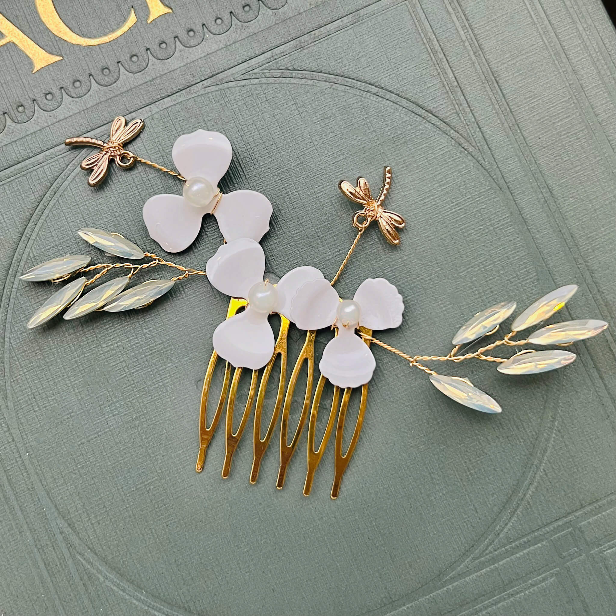 Jules Bridal - Kirstin, Goldtone Floral Hair Comb with Dragonfly Motifs