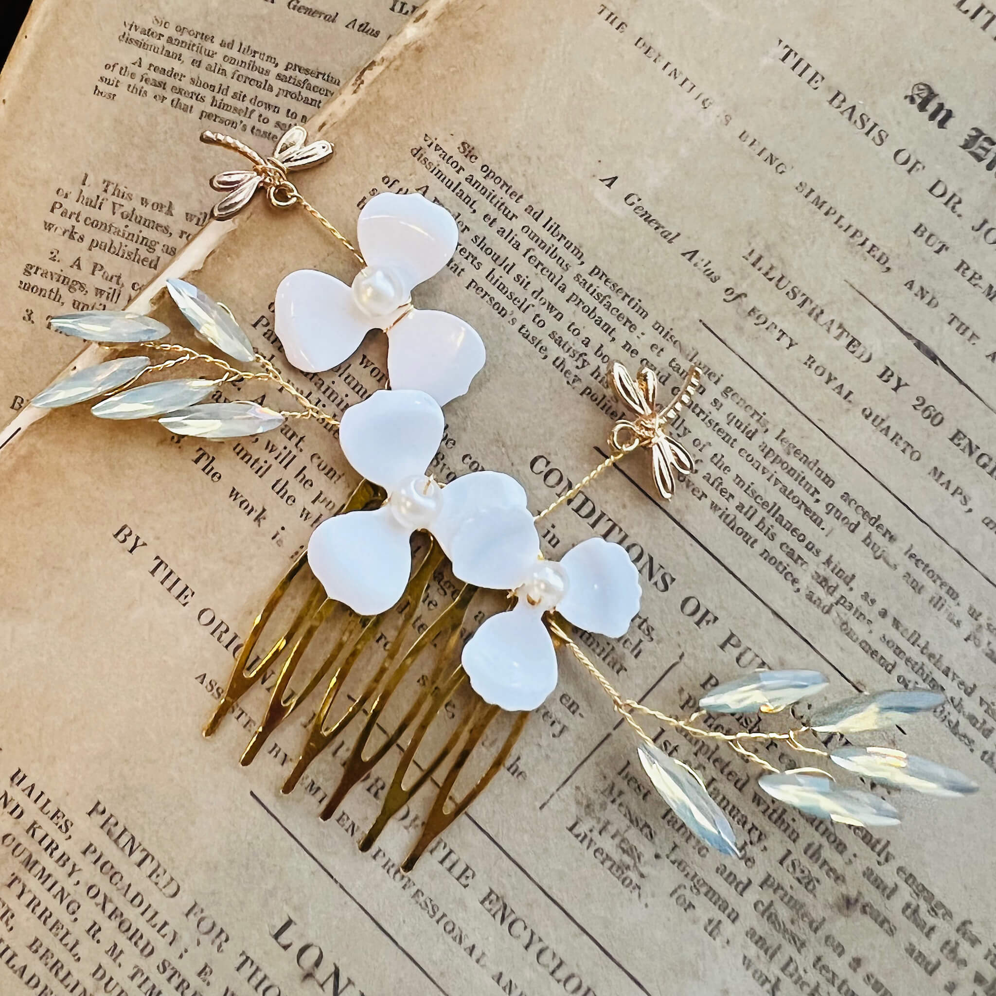 Jules Bridal - Kirstin, Goldtone Floral Hair Comb with Dragonfly Motifs
