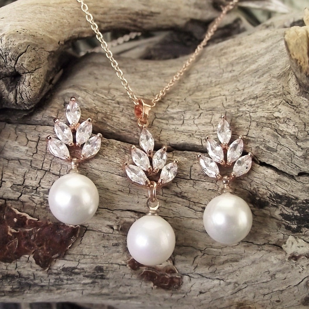 Jules Bridal - Leaf, Rose Gold Pearl & Crystal Set