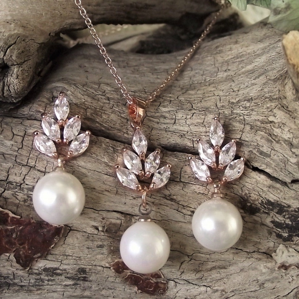 Jules Bridal - Leaf, Rose Gold Pearl & Crystal Set
