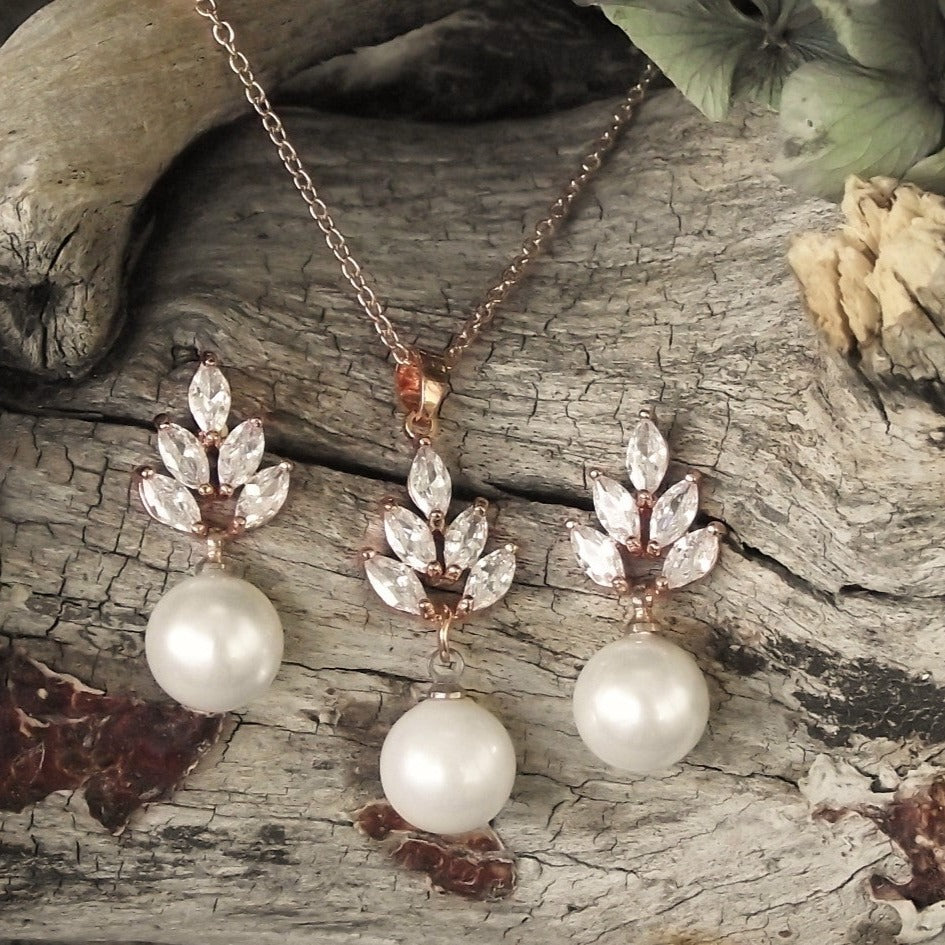 Jules Bridal - Leaf, Rose Gold Pearl & Crystal Set