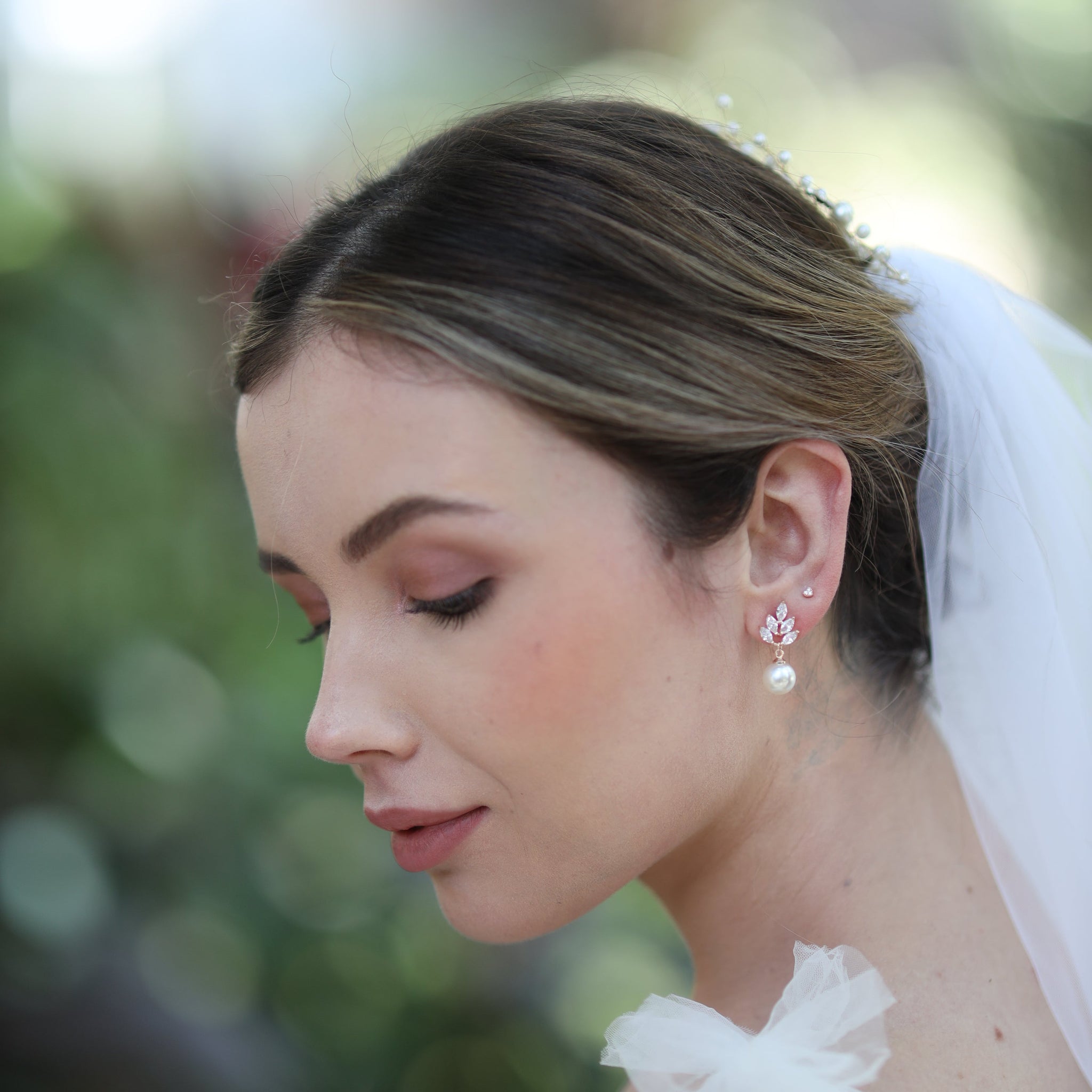 Jules Bridal - Leaf, Rose Gold Sparkling Pearl Drop Earrings