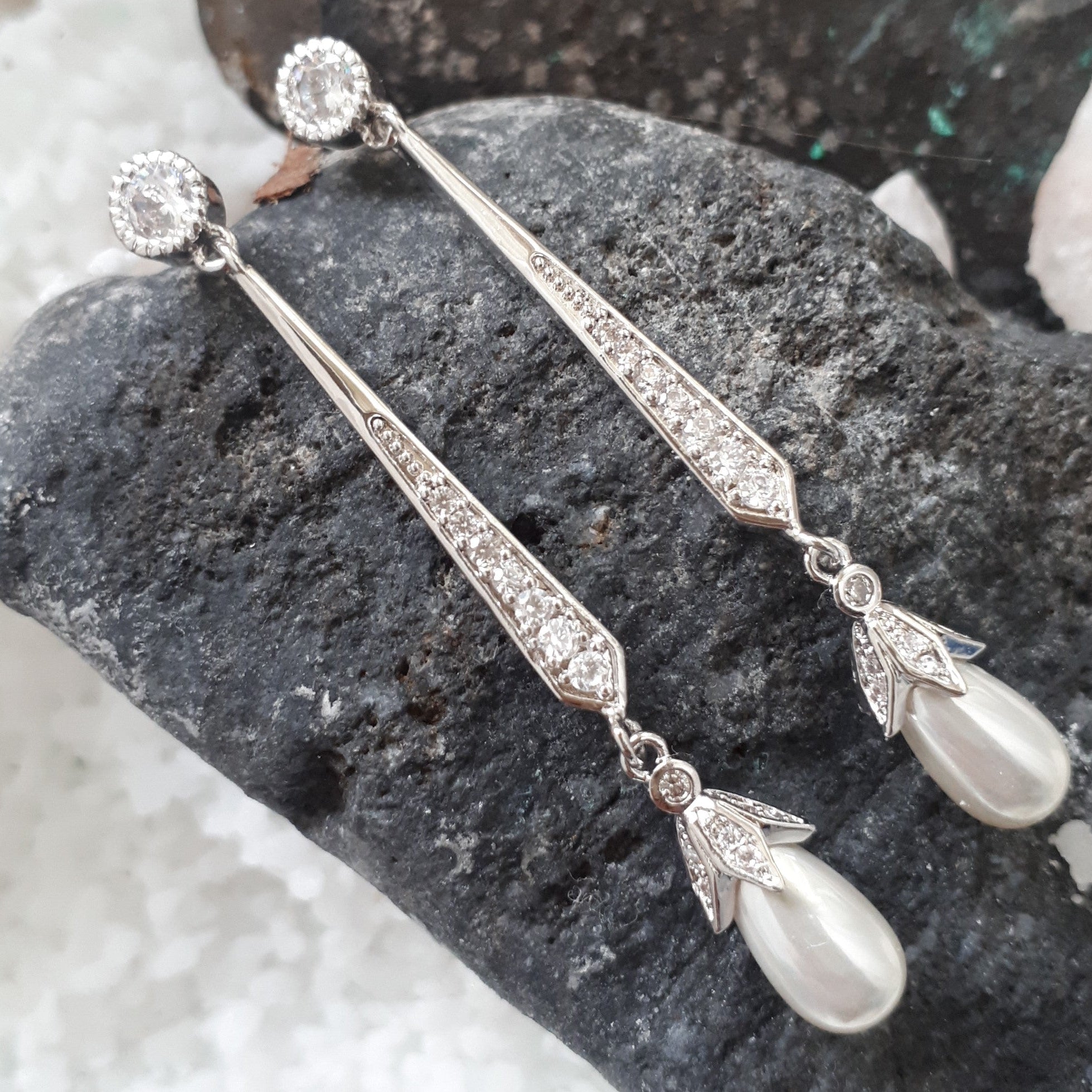 Violet, Teardrop Pearl Earrings in Silver