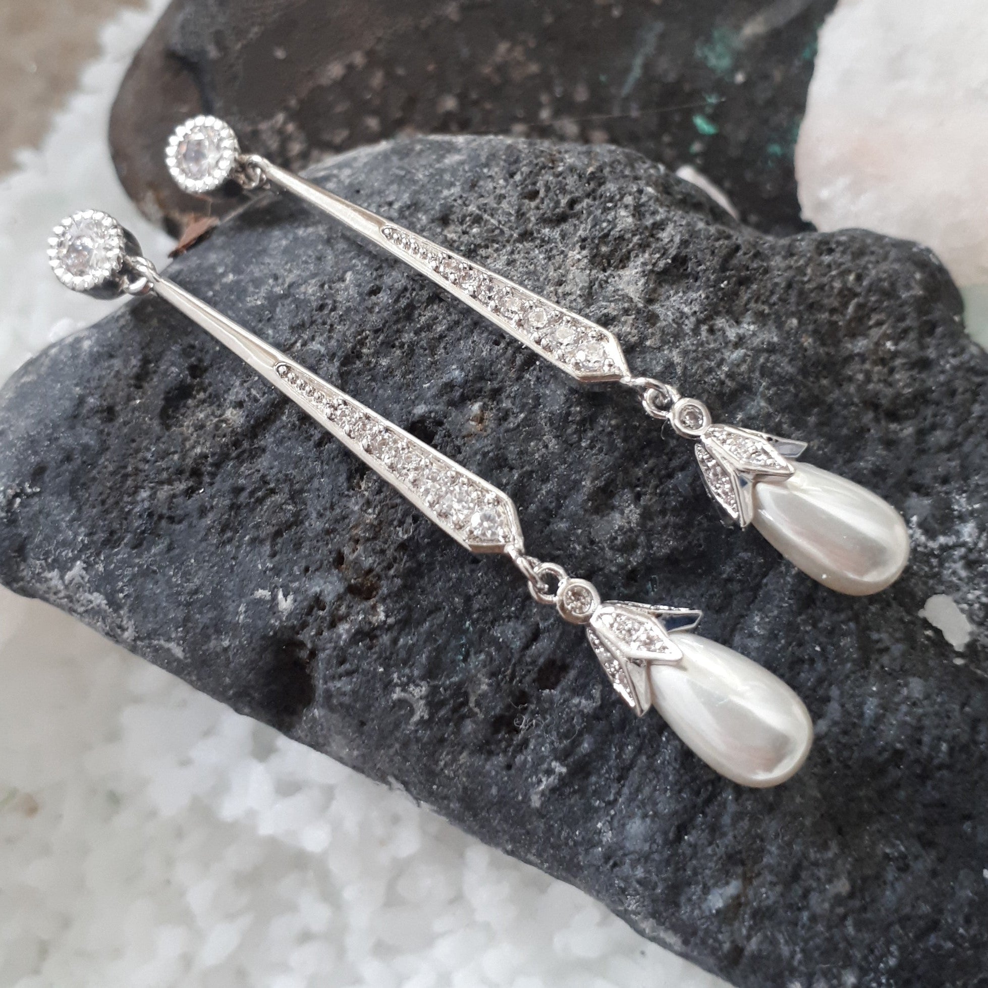 Violet, Teardrop Pearl Earrings in Silver