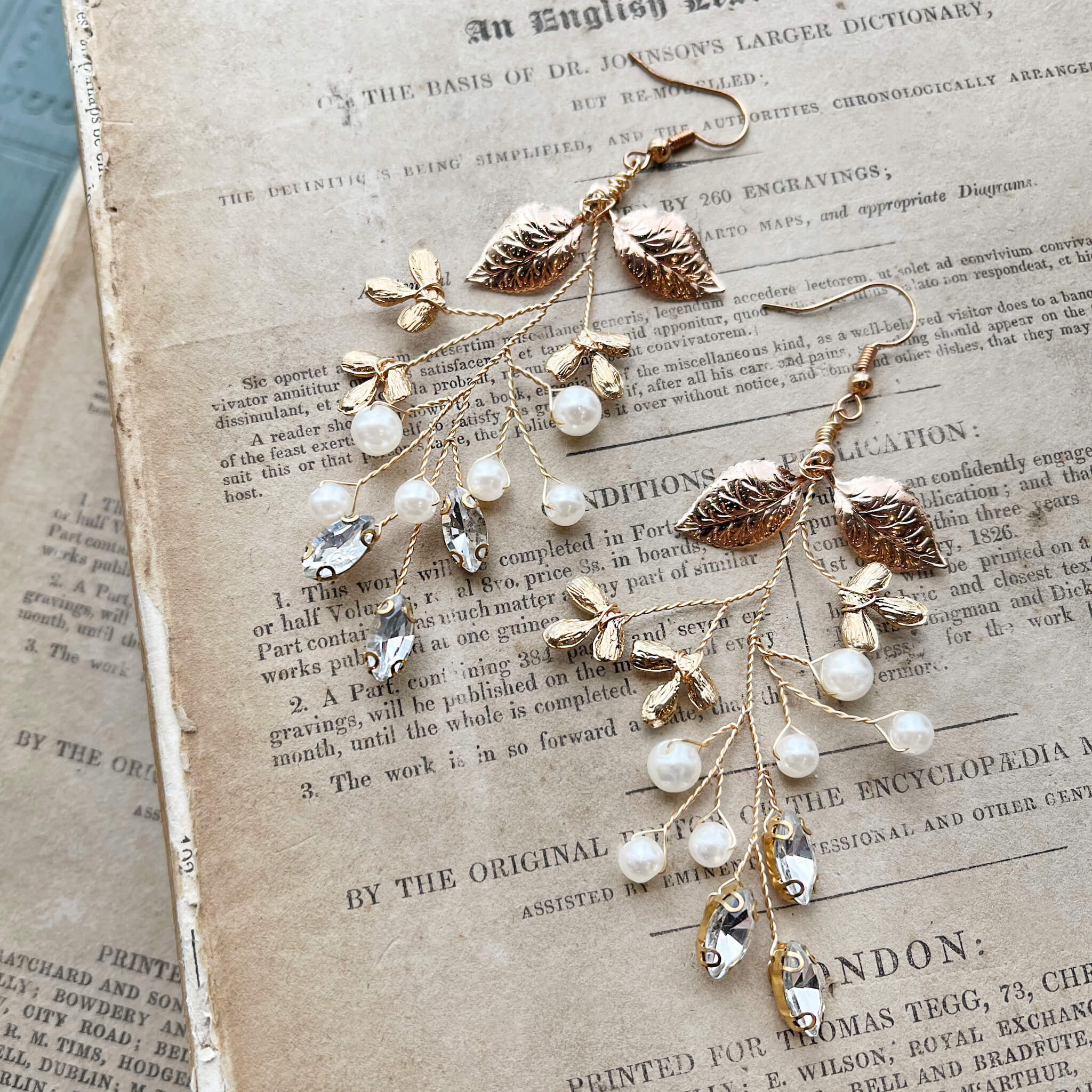 Jules Bridal - Adairia, Gold Leaf Pearl and Crystal Earrings