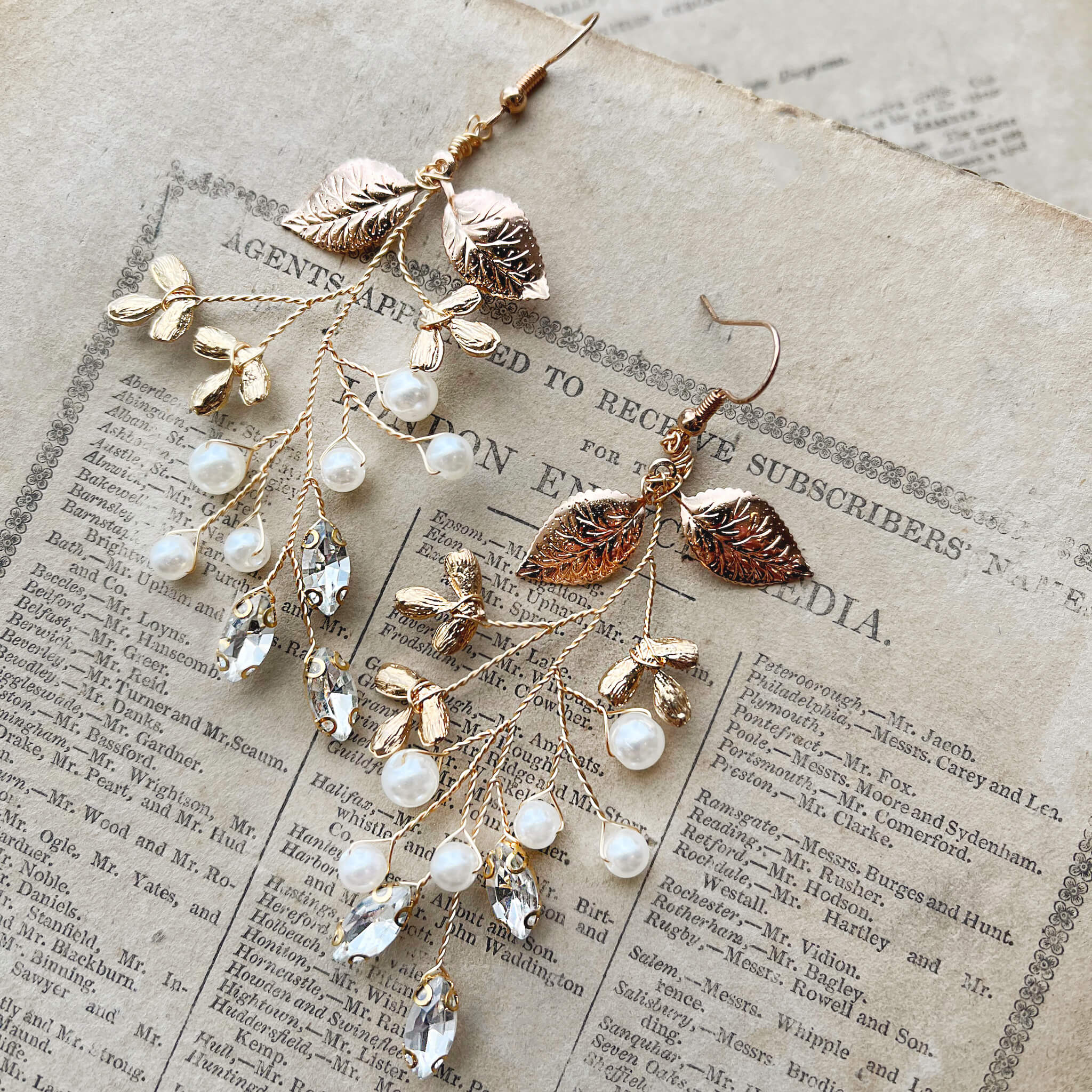 Jules Bridal - Adairia, Gold Leaf Pearl and Crystal Earrings