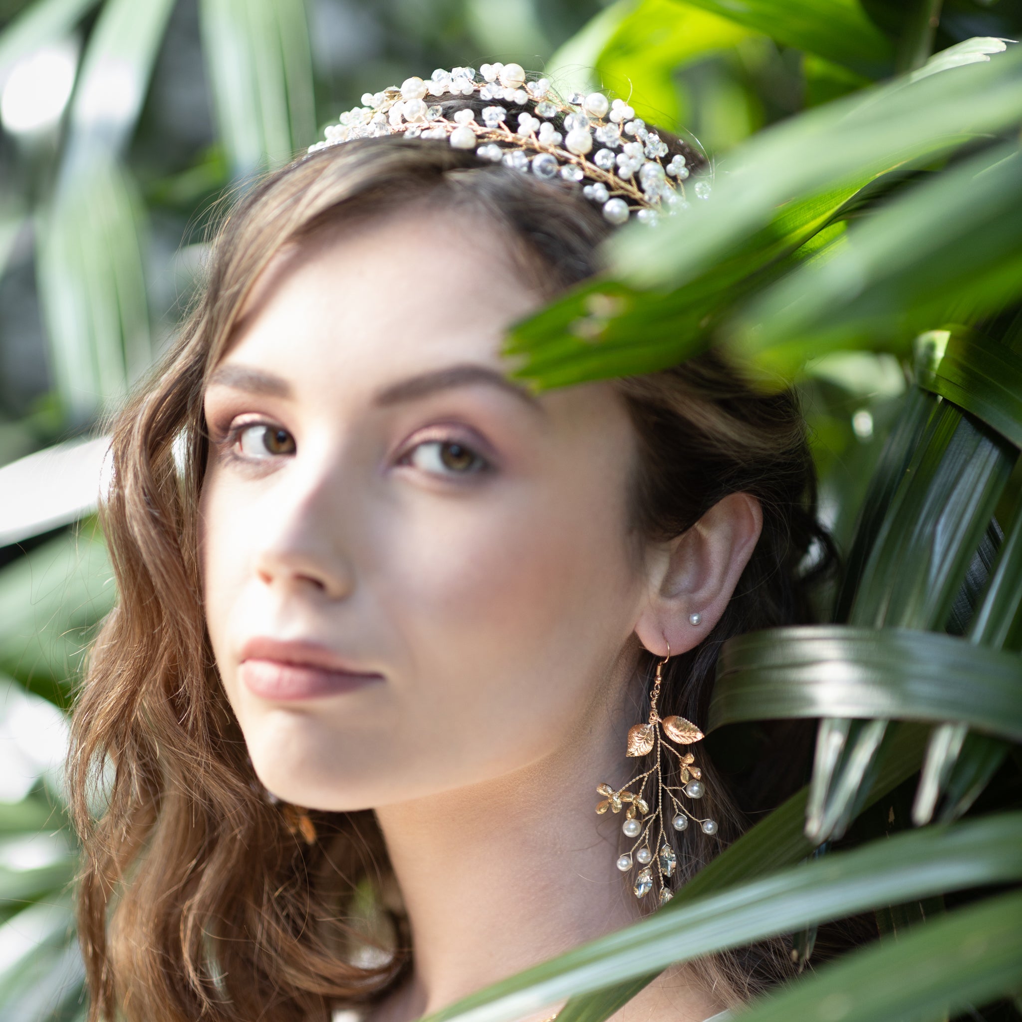 Jules Bridal - Adairia, Gold Leaf Pearl and Crystal Earrings