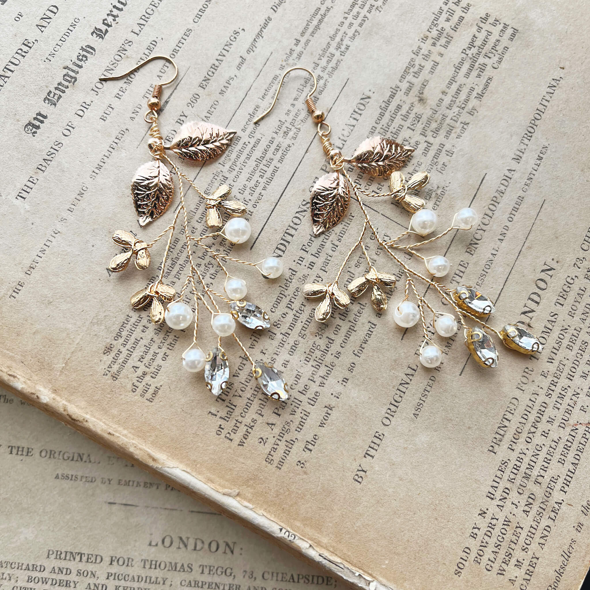 Jules Bridal - Adairia, Gold Leaf Pearl and Crystal Earrings