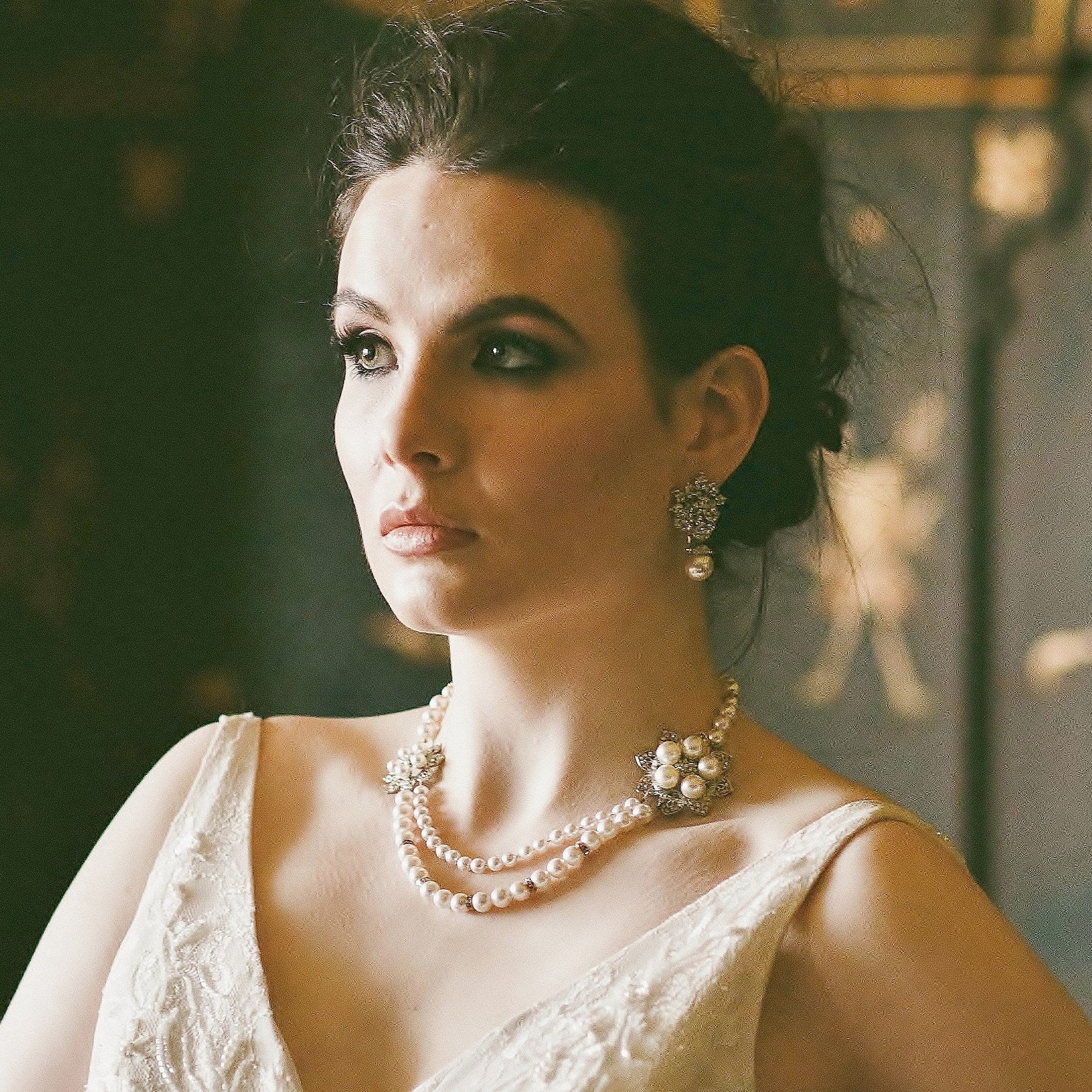 Vintage Style Silver Earrings, Rhinestone Drop Pearl Earrings, ANYA