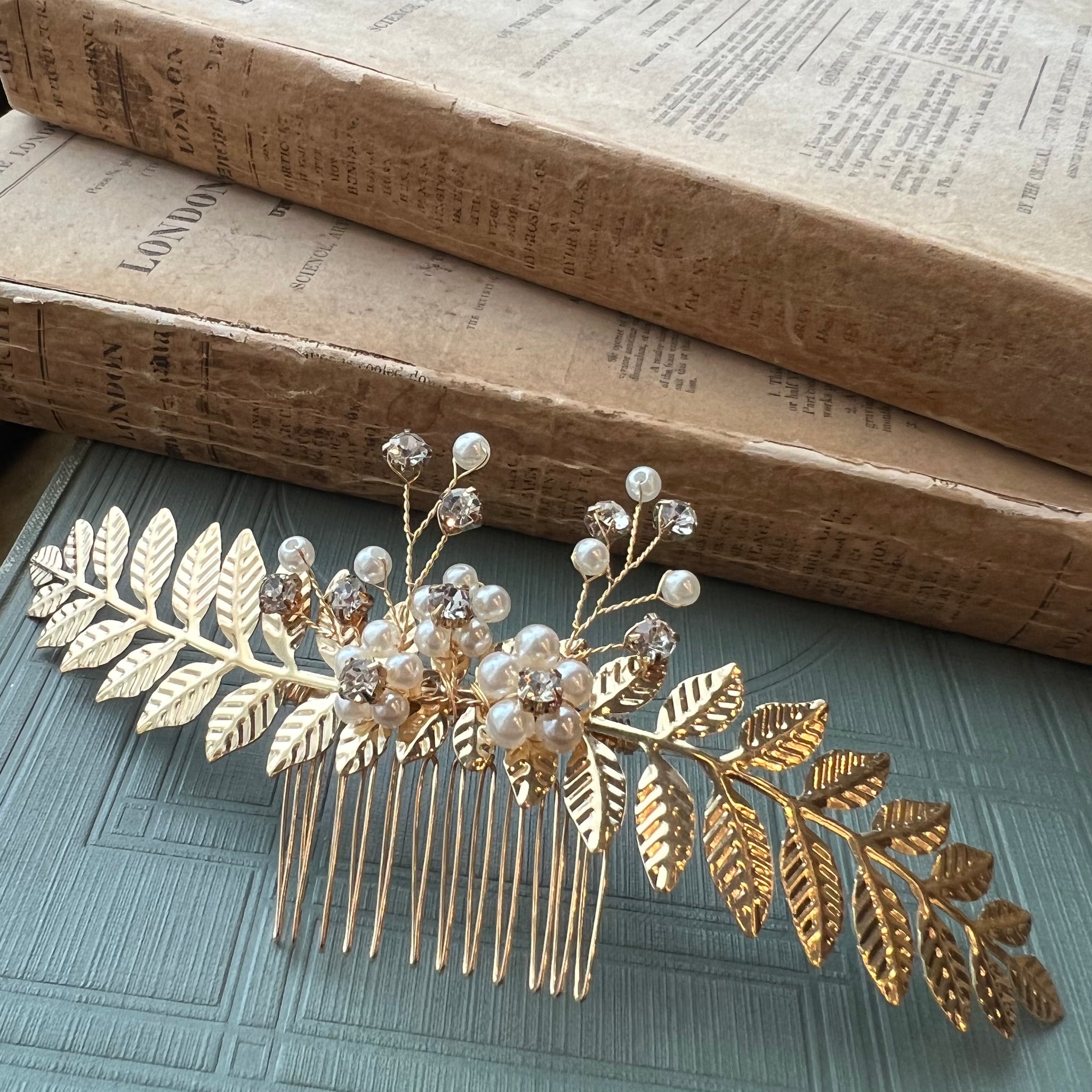 Jules Bridal - Tana, Gold Laurel Pearl & Crystal Hair Comb