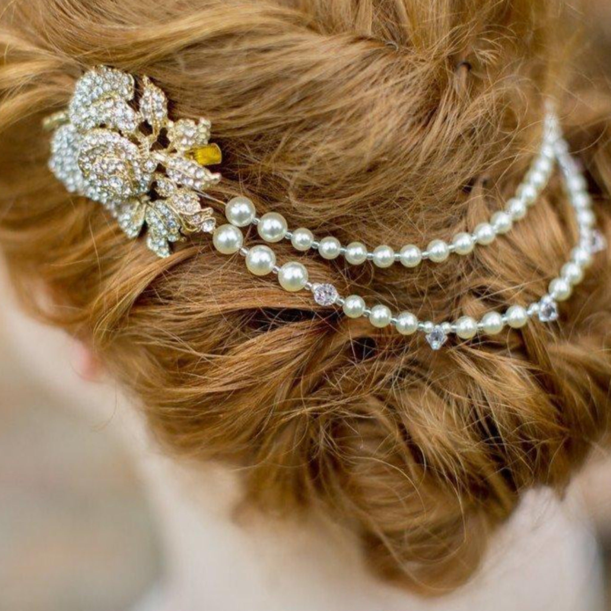 Pearl/Crystal Hair Drapes - Gold Vintage Style Hair Draped Pearls And Crystal Rose Features, Anita Gold.