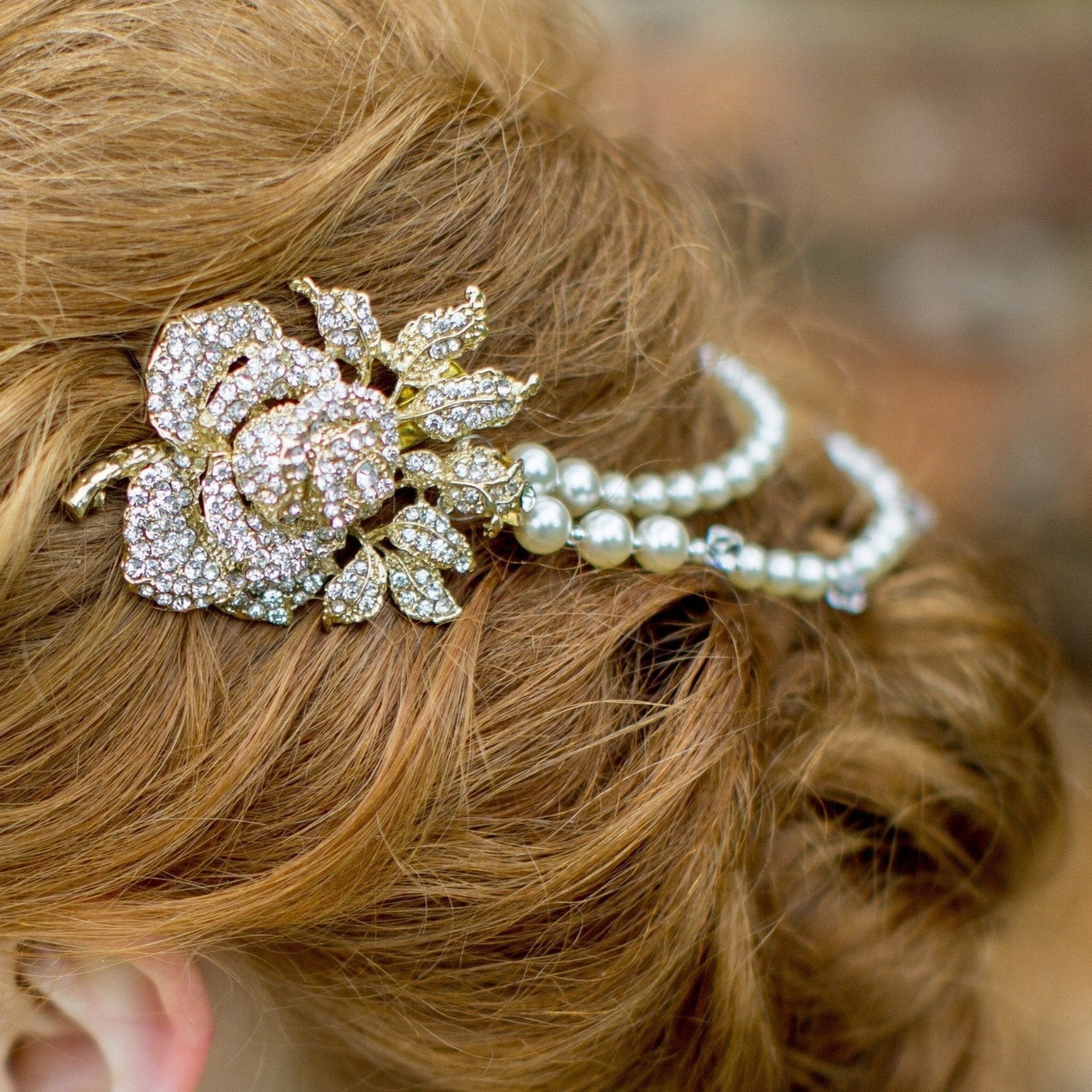 Pearl/Crystal Hair Drapes - Gold Vintage Style Hair Draped Pearls And Crystal Rose Features, Anita Gold.
