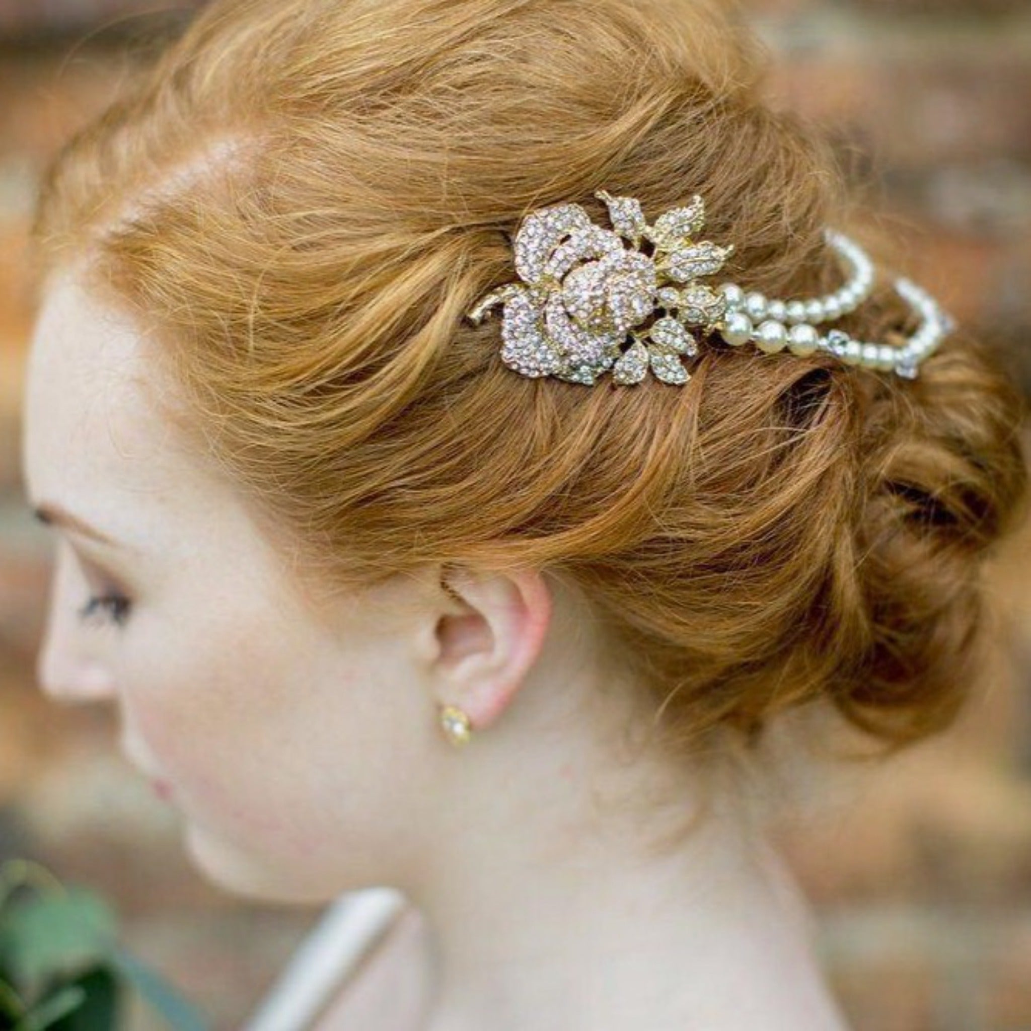Pearl/Crystal Hair Drapes - Gold Vintage Style Hair Draped Pearls And Crystal Rose Features, Anita Gold.