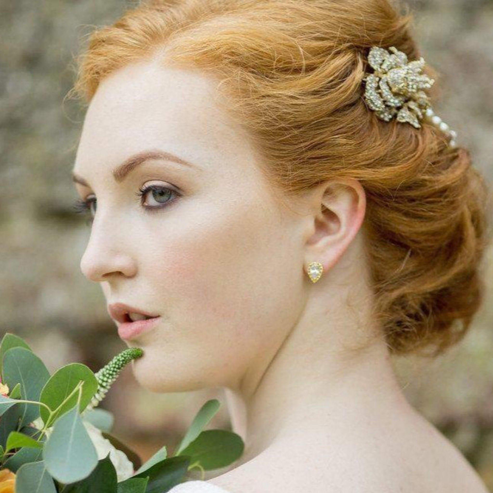 Pearl/Crystal Hair Drapes - Gold Vintage Style Hair Draped Pearls And Crystal Rose Features, Anita Gold.
