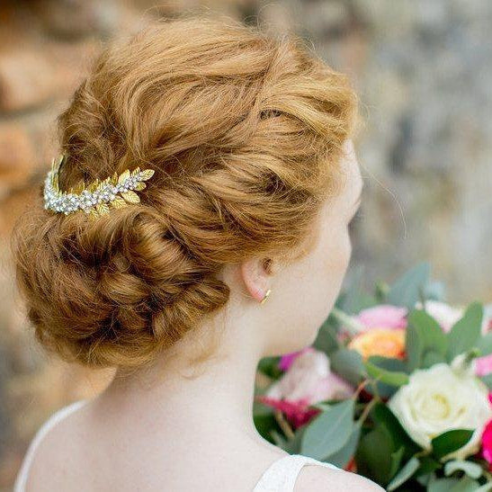 Wedding Hair Combs - Handmade Gold Rustic Style Leaf & Rhinestone Headpiece, Laurel