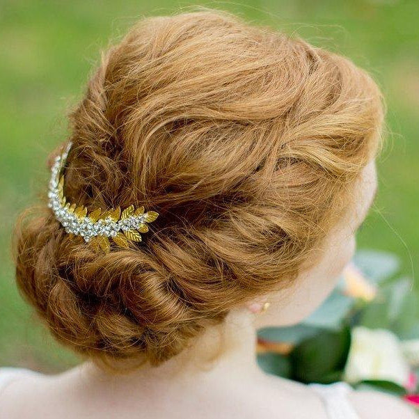 Wedding Hair Combs - Handmade Gold Rustic Style Leaf & Rhinestone Headpiece, Laurel