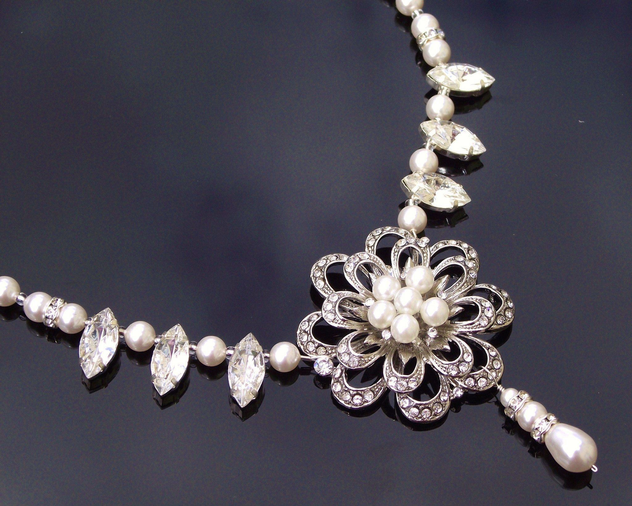 Wedding Necklace - Vintage Styled Flower Necklace, Bridal Pearl Necklace, Danielle