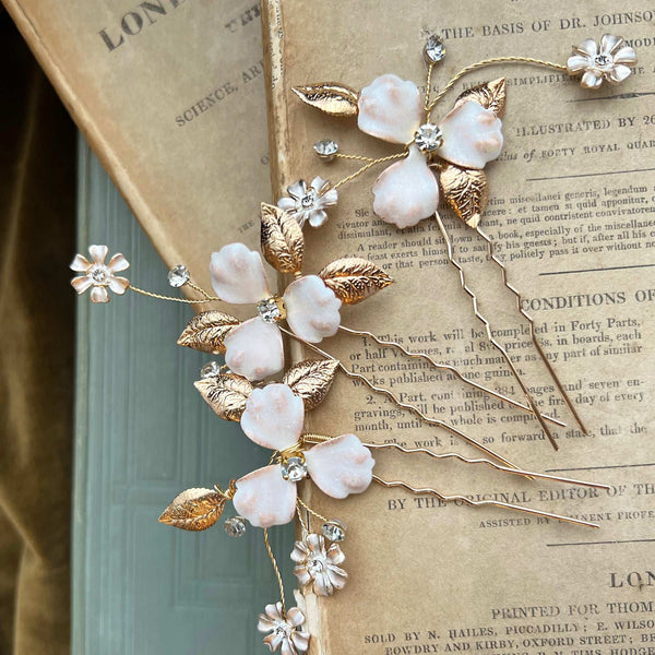 Stunning Enamel Bridal Hairpin Set Gold Flower Bridal Hair Pins: Enamel Floral Hairpiece, Set  main image 2