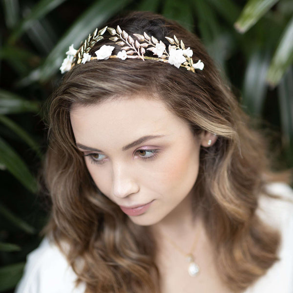 Daphne, White Ceramic Flower Laurel Crown Headband in Gold  display picture 1