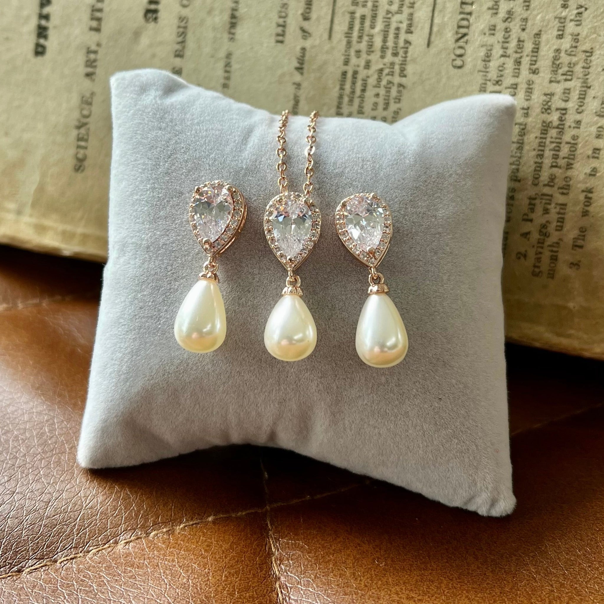 Alisha Jewellery Set, Rose Gold Crystal Teardrop Pearl Earrings with Pendant Necklace