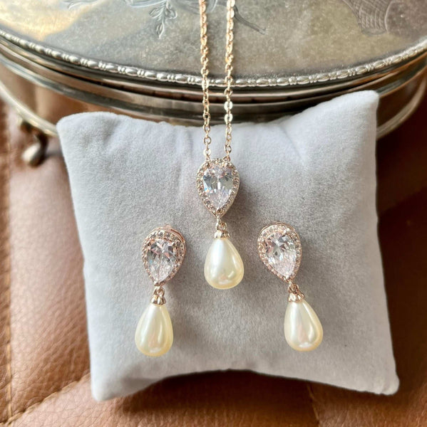 Enrwin Pearl & Crystal Necklace Earrings Set - Statement Bridal Jewelry, Zinc Alloy, Flower Teardrop Design - View #6